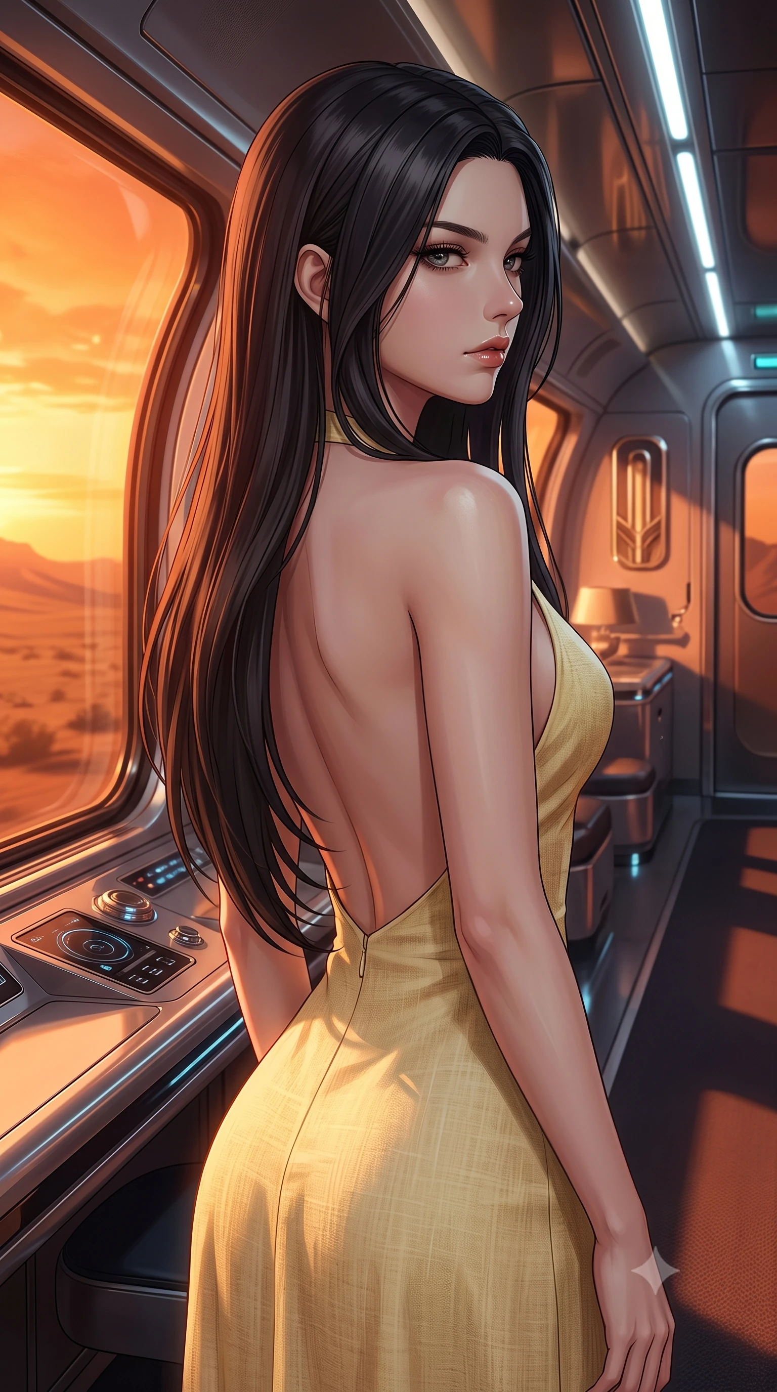 score_9, masterpiece, best quality, ultra-detailed, high-budget anime keyframe, editorial fashion photography, tasteful artistic composition, Korean woman. close-up cowboy shot from the waist and thighs up, the character dominates the composition, filling the frame with her large presence, background elements kept in soft focus. turning her face in sharp profile, casting a cold, mysterious, yet intensely alluring side gaze, the background shows a soft-focus the VIP lounge of a futuristic trans-continental train crossing a desert valley. She has an exceptionally elegant, slender, and willowy female figure with an ultra-slim waist, a gracefully sculpted slender torso, and a refined silhouette. sharp v-shaped jawline, high-bridge nose, intricate jewel-like eyes with depth, thick eyelashes, glossy lips with a natural sheen. wearing a tailored backless summer sundress in pale yellow linen, showing her elegant shoulder blades. the dramatic orange glow of a desert sunset casting long shadows across the cabin. ultra-reflective glossy finish, specular highlights, metallic sheen, high-contrast stereoscopic depth, volumetric dynamic lighting, 2k, ultra detail, master piece, 9:16 ratio