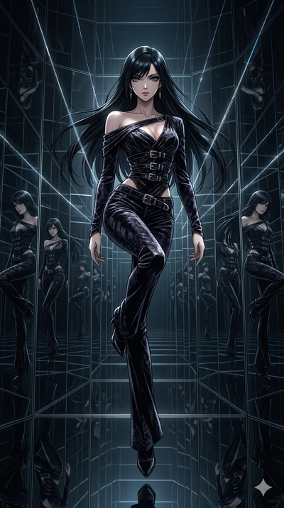 score_9, masterpiece, best quality, ultra-detailed, High-budget Anime Keyframe, East Asian woman. Dynamic full-body shot stretching the vertical silhouette to the limit. Scenario 36: Suspended by invisible silk threads in a hall of mirrors. Her prese