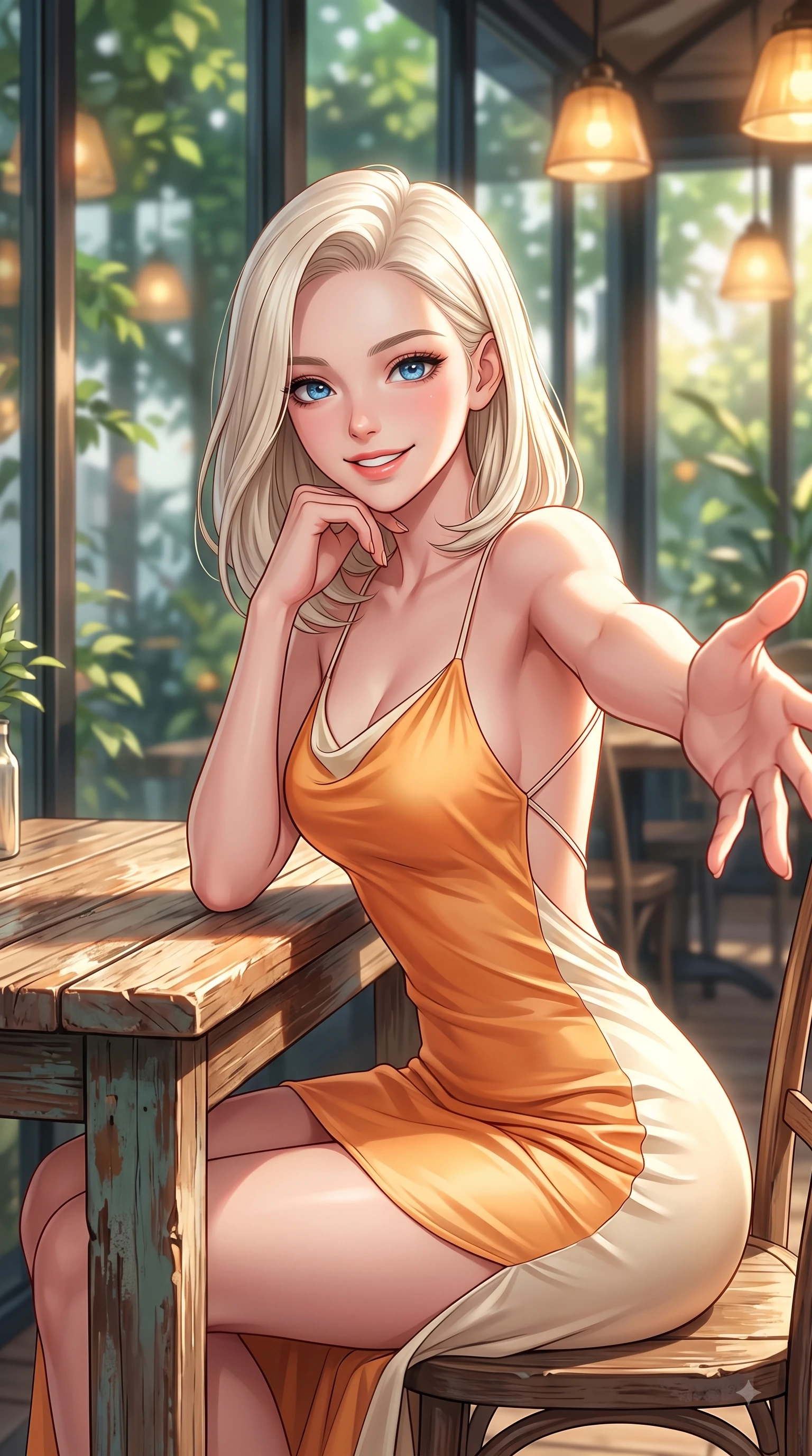 score_9, masterpiece, best quality, ultra-detailed, high-budget anime keyframe, editorial fashion photography, tasteful artistic composition, Caucasian woman. close-up cowboy shot from the waist and thighs up, the character dominates the composition, filling the frame with her large presence. Fresh enchanting smile, her eyes twinkling like jewels in the bright sunlight as one arm reaches out cheerfully while resting her chin playfully on her hand at a rustic wooden table with a sweet smile. The composition keeps background elements in soft focus with dreamy bokeh. garden leaves outside glass windows softened by gentle warm depth of field. She has an exceptionally elegant, slender, and willowy female figure with an ultra-slim waist, a gracefully sculpted slender torso, and a refined silhouette. sharp v-shaped jawline, high-bridge nose, intricate jewel-like eyes with depth, thick eyelashes, glossy lips with a natural sheen, flawlessly proportioned anatomical accuracy, natural body alignment, perfectly sculpted elegant limbs, clean dynamic posture without body distortion. wearing a precision-fitted liquid satin slip dress with fluid draped lines and an open back in warm apricot orange and cream white, made of premium stretch jersey that follows her curves like a glove, finished with delicate criss-cross back straps highlighting her bare shoulders, the sleek second-skin texture accentuating her magnetic presence. illuminated by soft glowing amber indoor lamps and natural garden reflections. highly saturated vibrant anime colors, detailed shading with soft gradients, rich glossy textures, high-contrast stereoscopic depth, volumetric dynamic lighting, master piece, 9:16 ratio