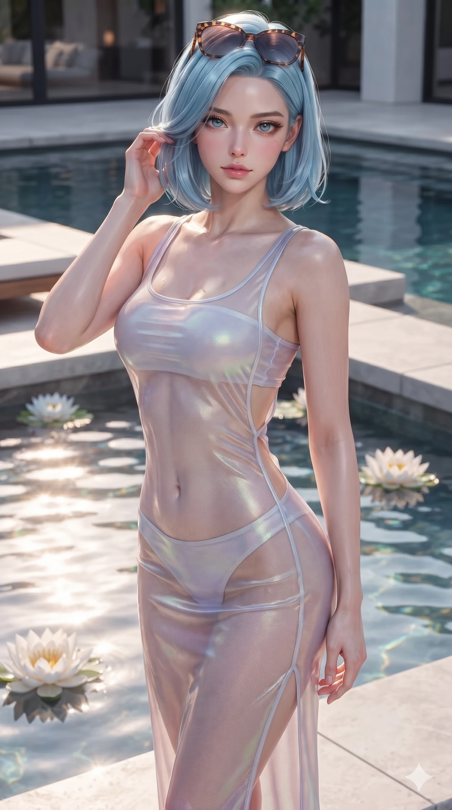 score_9, masterpiece, best quality, ultra-detailed, high-budget anime keyframe, editorial fashion photography, tasteful artistic composition, Korean woman. close-up cowboy shot from the waist and thighs up, the character dominates the composition, filling the frame with her large presence. gently brushing a lock of glossy hair behind her ear while casting a playful, flirtatious side-gaze with long eyelashes while twisting her slender torso in an alluring S-curve beside the warm water pool, floating white water lily blossoms mirroring her flat midriff and curvy hips. The surrounding environment is rendered in vivid detail and crisp panoramic clarity: detailed gold sequin wrap mini skirt cling, criss-cross halter sports top tailoring, and aquatic architecture in razor-sharp clarity. She has an exceptionally elegant, slender, and willowy female figure with an ultra-slim waist, flat toned midriff, narrow ribcage, and sculpted feminine hips creating an alluring, slim hourglass silhouette without bulk. sharp v-shaped jawline, high-bridge nose, sparkling eyes with hypnotic seductive depth, thick curled eyelashes, glossy parted lips with a natural dewy peach sheen, alluring bedroom-eyes with an enchanting coquettish smile, exuding magnetic siren charisma and sophisticated glamour, flawlessly proportioned anatomical accuracy, strict slender model proportions, natural body alignment, perfectly sculpted long slender limbs, ultra-slim waistline, clean dynamic posture without body distortion. wearing a delicately layered semi-sheer gossamer silk slip dress revealing her sculpted silhouette over an opaque micro-bandeau and briefs in iridescent mother-of-pearl and misty lavender, crafted from translucent iridescent mesh with a wet-look second-skin cling, complemented by oversized designer tortoiseshell sunglasses resting atop her head, the precision-cut side openings and low-back scoop framing her graceful spine and the sensual sweep of her slim, toned hips. illuminated by pool surface water bounce and sharp champagne-rose rim lights sculpting her razor-sharp jawline, narrow waist, and curvy hips. ultra-reflective glossy finish, specular highlights, rich textural contrasts, high-contrast stereoscopic depth, volumetric dynamic lighting, 2k, ultra detail, master piece, 9:16 ratio