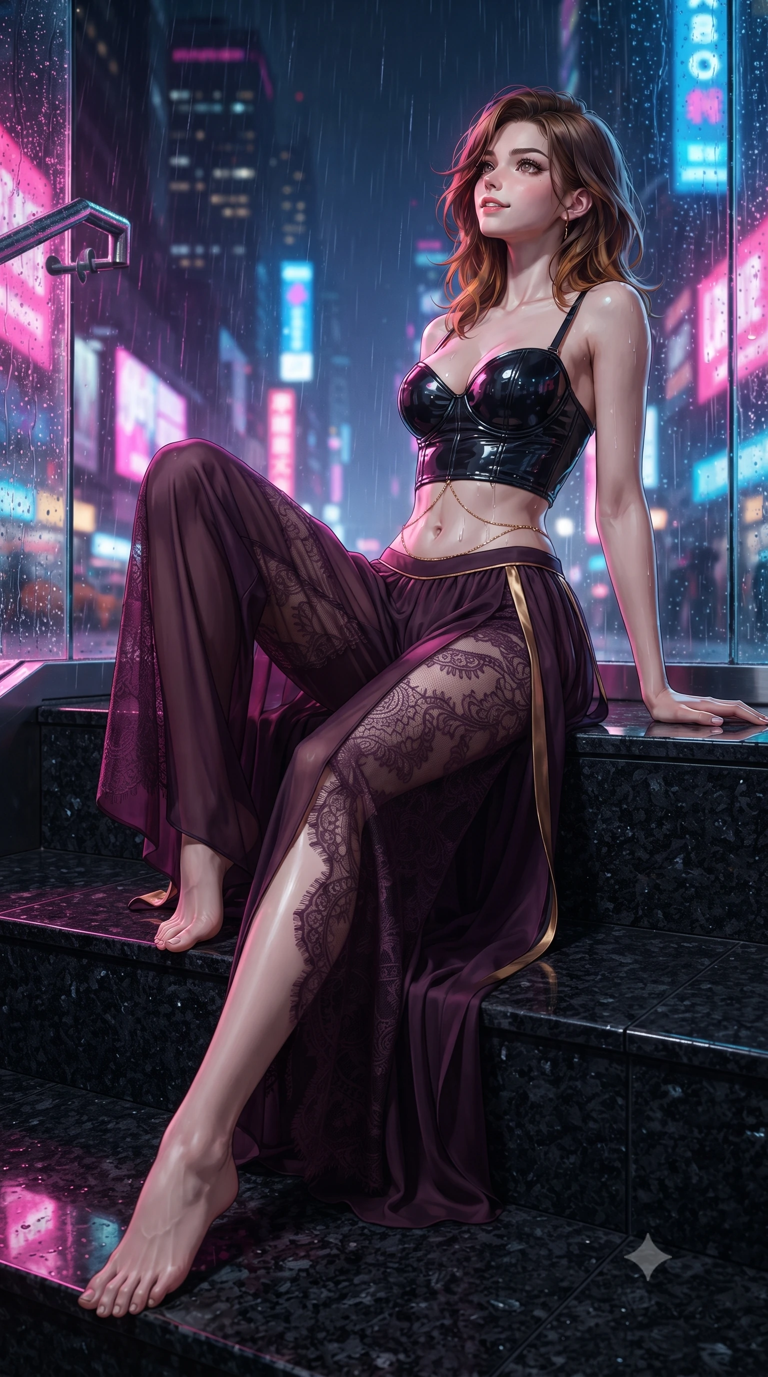 score_9, masterpiece, best quality, ultra-detailed, high-budget anime keyframe, editorial fashion photography, tasteful artistic composition, Korean woman. low angle full-body shot from head to toe showing her feet, filling the entire 9:16 vertical frame with her statuesque presence, stretching her vertical silhouette. sitting poised on the stone steps with one knee bent, arching her spine with supermodel elegance as she glances upward through thick eyelashes while twisting her slender torso in an alluring contrapposto stance, countless neon city lights refracting through rain rivulets onto her curves. The surrounding environment is rendered in vivid detail and crisp panoramic clarity: sharp rain stream refraction lines on glass, polished black granite sill reflections, and distant skyscraper neon signage in deep focus. She has an absolutely perfect, statuesque 8.5-heads proportion, an exceptionally tall and slender model-like female figure with impossibly long slender legs, an ultra-slim waist, a flat toned midriff, narrow delicate ribcage, and beautifully sculpted feminine hips creating a graceful, slim hourglass silhouette without any bulky heaviness. sharp v-shaped jawline, high-bridge nose, sparkling eyes with hypnotic seductive depth, thick curled eyelashes, glossy parted lips with a natural dewy peach sheen, alluring bedroom-eyes with an enchanting coquettish smile, exuding magnetic siren charisma and sophisticated glamour, flawlessly proportioned anatomical accuracy, strict slender model proportions, natural body alignment, perfectly sculpted long slender limbs, ultra-slim waistline, clean dynamic posture without body distortion. wearing a wet-look form-fitting vinyl bustier paired with sheer chiffon high-slit wide-leg trousers in rich dark plum violet and gilded bronze, made of delicate semi-sheer French Chantilly lace with intricate eyelash edges, accented with a dainty gold belly chain resting across her flat midriff and curving hips, the liquid-tight tailored fabric clinging flawlessly to her narrow waist and rounded feminine hips, emphasizing every millimeter of her sculpted slim hourglass curves without any bulky heaviness. illuminated by granite sill reflection bounce and sharp electric-magenta rim lights sculpting her jawline, flat midriff, and voluptuous hip curves. ultra-reflective glossy finish, specular highlights, rich textural contrasts, high-contrast stereoscopic depth, volumetric dynamic lighting, 2k, ultra detail, master piece, 9:16 ratio