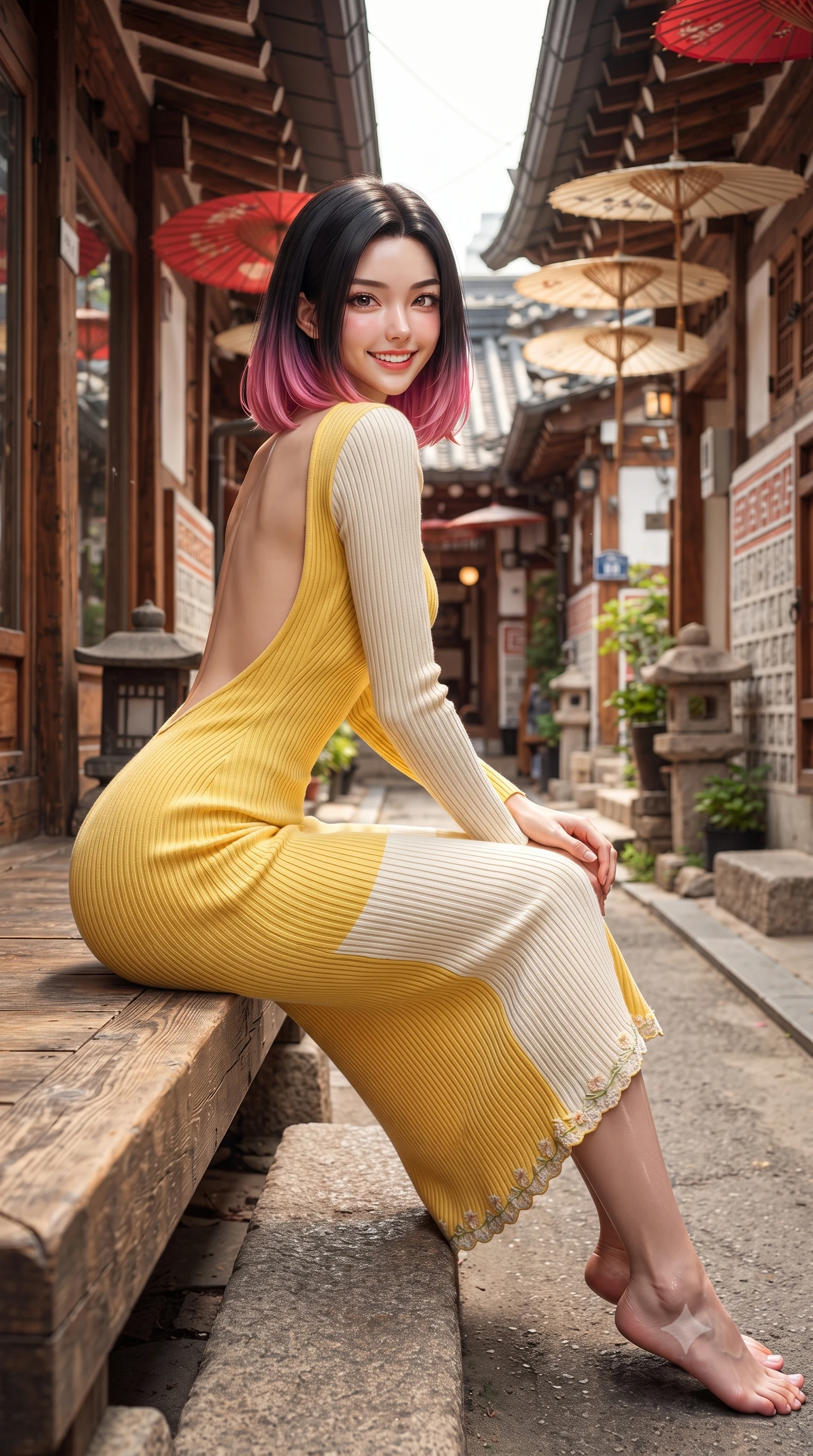 score_9, masterpiece, best quality, ultra-detailed, high-budget anime keyframe, editorial fashion photography, tasteful artistic composition, Korean woman. low angle full-body shot from head to toe showing her feet, filling the entire 9:16 vertical frame with her statuesque presence, stretching her vertical silhouette. reclining languidly on her side across the sunbed with one knee drawn up, her radiant smile and arched hip curve commanding the 9:16 vertical frame with youthful sensual charisma while sitting on a low wooden hanok veranda stepping stone surrounded by hanging paper parasols, arching her lower back with a bright playful smile and parted glossy lips. The surrounding environment is rendered in vivid detail and crisp panoramic clarity. detailed knit fabric texture, soft sunlight glints on skin, and historic Ikseon-dong alley clarity in high resolution. She has an exceptionally tall and slender model-like 8.5-heads proportion, an ultra-slim waist, a flat toned midriff, narrow delicate ribcage, and beautifully sculpted feminine hips creating a graceful, slim hourglass silhouette without any bulky heaviness, with impossibly long slender legs. sharp v-shaped jawline, high-bridge nose, intricate jewel-like sparkling eyes with depth, thick eyelashes, glossy parted lips with a natural peach sheen, bright cheerful beaming smile with an enchanting and coquettish sensual glint, exuding both youthful cute charm and seductive allure, flawlessly proportioned anatomical accuracy, strict slender model proportions, natural body alignment, perfectly sculpted long slender limbs, ultra-slim waistline, clean dynamic posture without body distortion. wearing a form-contouring ribbed knit bodycon midi dress with an open back scoop descending to the base of her spine in bright butter yellow and fresh cream white, crafted from liquid-tight stretch jersey emphasizing every curve, complemented by delicate embroidered floral trim along the hem, the glove-like silhouette tightly following the natural contour of her hips and long slender legs with youthful 8.5-heads elegance. illuminated by warm wood bounce light sharply sculpting her razor-sharp jawline, narrow waist, and curvy hips. ultra-reflective glossy finish, specular highlights, rich textural contrasts, high-contrast stereoscopic depth, volumetric dynamic lighting, 2k, ultra detail, master piece, 9:16 ratio