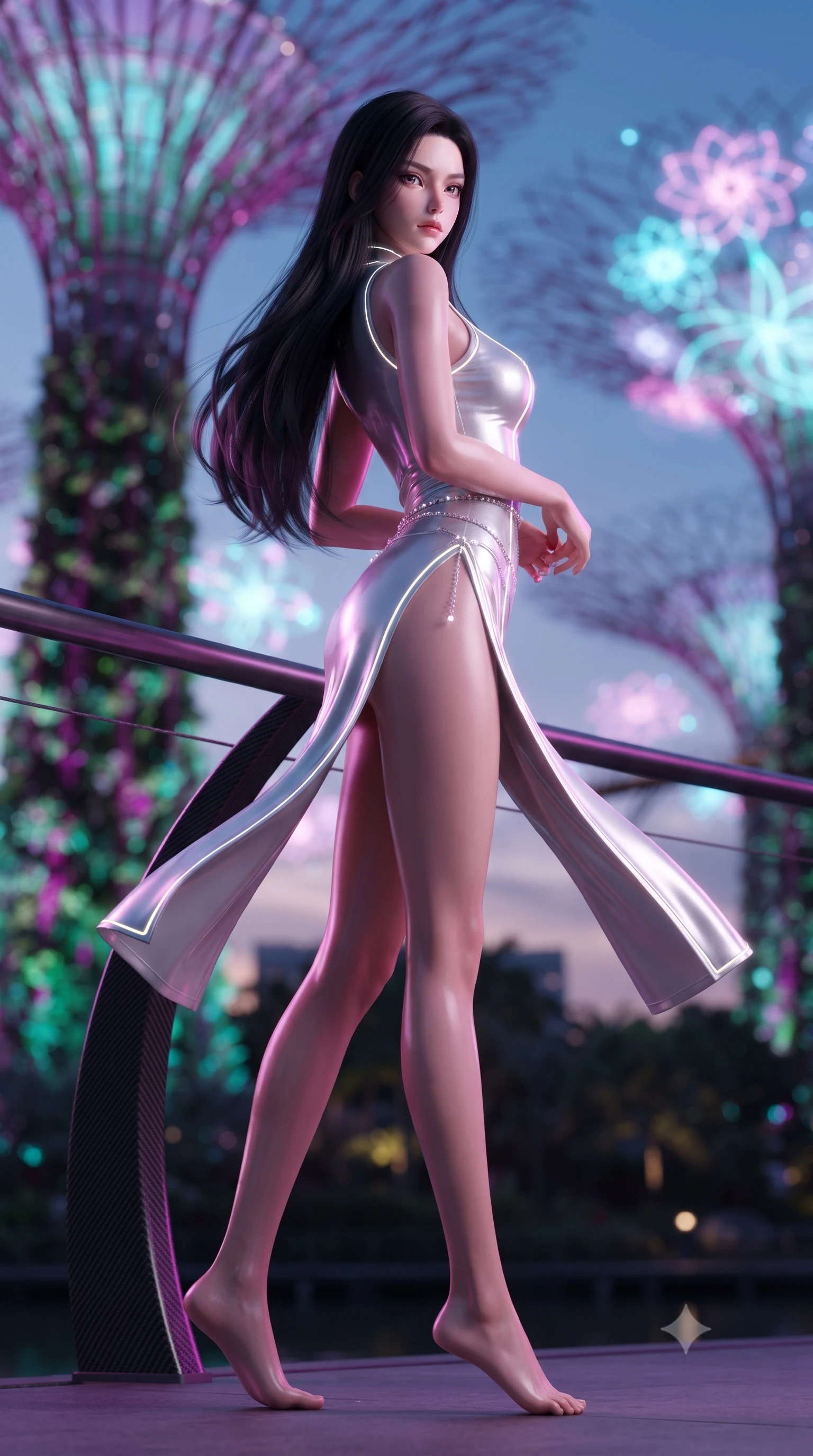 score_9, masterpiece, best quality, ultra-detailed, high-budget anime keyframe, editorial fashion photography, tasteful artistic composition, Korean woman. low angle full-body shot from head to toe showing her feet, filling the entire 9:16 vertical frame with her statuesque presence, stretching her vertical silhouette. executing an elegant mid-motion pivot turn as garments swirl around her slender limbs, glancing over her shoulder with an intoxicating bedroom-gaze while twisting her slender torso in an alluring contrapposto stance beside a curved carbon support strut, the illuminated Marina Bay Sands towers shimmering in the purple haze. The composition keeps background elements in soft focus with creamy bokeh. towering illuminated vertical gardens and floating holographic floral light grids blurred into electric magenta, turquoise, and violet bokeh. She has an exceptionally tall and slender model-like 8.5-heads proportion, an ultra-slim waist, a flat toned midriff, narrow delicate ribcage, and beautifully sculpted feminine hips creating a graceful, slim hourglass silhouette without any bulky heaviness, with impossibly long slender legs. sharp v-shaped jawline, high-bridge nose, intricate jewel-like eyes with depth, thick eyelashes, glossy parted lips with a natural sheen, intensely captivating and seductive bedroom-eyes expression, flawlessly proportioned anatomical accuracy, strict slender model proportions, natural body alignment, perfectly sculpted long slender limbs, ultra-slim waistline, clean dynamic posture without body distortion. wearing a modernized cyber-qipao mini dress with an ultra-high side slit ascending to the hip and glowing piping in shimmering silver mercury and pearl white, tailored from second-skin aerodynamic stretch vinyl with specular wet sheen, accented with a dainty diamond waist chain catching the ambient light reflections, the liquid-tight tailored fabric clinging flawlessly to her narrow waist and rounded feminine hips, emphasizing every millimeter of her sculpted slim hourglass curves without any bulky heaviness. bathed in rich magenta and cyan bioluminescent light contrasting with warm tropical ambient twilight. ultra-reflective glossy finish, specular highlights, rich textural contrasts, high-contrast stereoscopic depth, volumetric dynamic lighting, 2k, ultra detail, master piece, 9:16 ratio