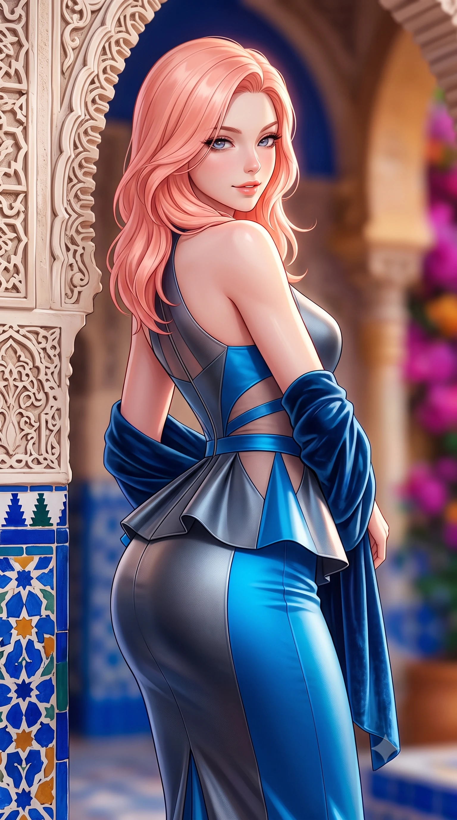 score_9, masterpiece, best quality, ultra-detailed, high-budget anime keyframe, semi-realistic 3D game render, editorial fashion photography, tasteful artistic composition, Japanese woman. close-up cowboy shot from the waist and thighs up, the character dominates the composition, filling the frame with her large presence. turning over a bare shoulder with an intoxicating, teasing smile, her soft hair framing her sharp jawline as her hips angle gracefully while leaning against an intricately carved stucco Mudéjar archway with hips cocked back, looking over her shoulder with smoldering bedroom-eyes. The composition keeps background elements in soft focus with creamy bokeh. carved gothic-mudéjar plaster arches and vibrant cobalt azulejo tiles blurred into rich cobalt, ochre, and bougainvillea magenta bokeh. She has an exceptionally elegant, slender, and willowy female figure with an ultra-slim waist, flat toned midriff, narrow ribcage, and sculpted feminine hips creating an alluring, slim hourglass silhouette without bulk. sharp v-shaped jawline, high-bridge nose, intricate jewel-like eyes with depth, thick eyelashes, glossy parted lips with a natural sheen, intensely captivating and seductive bedroom-eyes expression, flawlessly proportioned anatomical accuracy, strict slender model proportions, natural body alignment, perfectly sculpted long slender limbs, ultra-slim waistline, clean dynamic posture without body distortion. wearing a structural geometric peplum gown with sheer side-ribbon cutouts and form-fitting skirt in metallic gunmetal and electric azure, tailored from water-resistant treated wool gabardine and flexible stretch silk, complemented by a plush velvet shawl draped loosely over her elbows, the liquid-tight tailored fabric clinging flawlessly to her narrow waist and rounded feminine hips, emphasizing every millimeter of her sculpted slim hourglass curves without any bulky heaviness. illuminated by soft specular fountain reflections sharply defining her sculpted collarbones, ultra-slim waist, and curvy hips. highly saturated vibrant anime colors, detailed shading with soft gradients, rich glossy textures, high-contrast stereoscopic depth, volumetric dynamic lighting, master piece, 9:16 ratio
