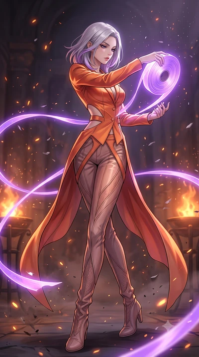 score_9, masterpiece, best quality, ultra-detailed, High-budget Anime Keyframe, Caucasian woman, strictly human ears. Dynamic full-body shot stretching the vertical silhouette to the limit. Scenario 541: unravelling a spool of glowing violet ribbon i