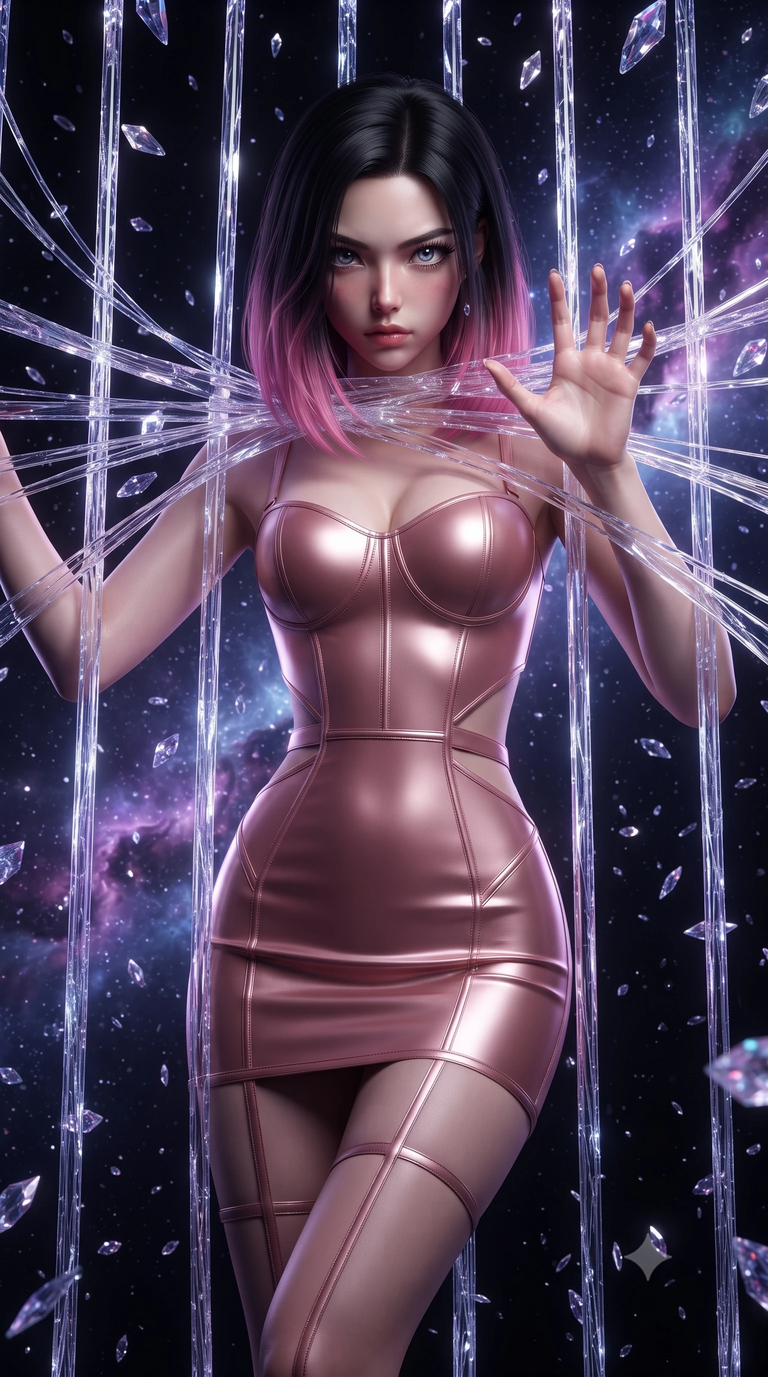 score_9, masterpiece, best quality, ultra-detailed, High-budget Anime Keyframe, editorial fashion photography, tasteful artistic composition, realistic cosplay photography, East Asian woman. Low angle cowboy shot filling the entire 9:16 frame with her statuesque presence. Scenario 534: trapped in a cage of glowing crystalline fibers, her body pressing against the bars, in a dark void filled with floating crystal shards reflecting purple nebulae. Her presence is magnetic and overpowering in this high-budget cinematic scene. Outfit 534: a body-hugging rose-gold matte vinyl corset dress with strategic waist cut-outs and slender leg straps. The clothing is designed to emphasize her exceptionally tall and slender 8-heads proportion. 8-heads proportion, towering silhouette, ultra-slim waist. sharp v-shaped jawline, intricate jewel-like eyes with depth, thick eyelashes, glossy lips. ultra-reflective glossy finish, specular highlights, metallic sheen, high-contrast stereoscopic depth, volumetric dynamic lighting, 2k, ultra detail, master piece, 9:16 ratio