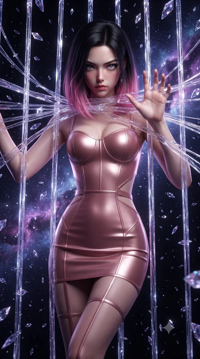 score_9, masterpiece, best quality, ultra-detailed, High-budget Anime Keyframe, editorial fashion photography, tasteful artistic composition, realistic cosplay photography, East Asian woman. Low angle cowboy shot filling the entire 9:16 frame with he