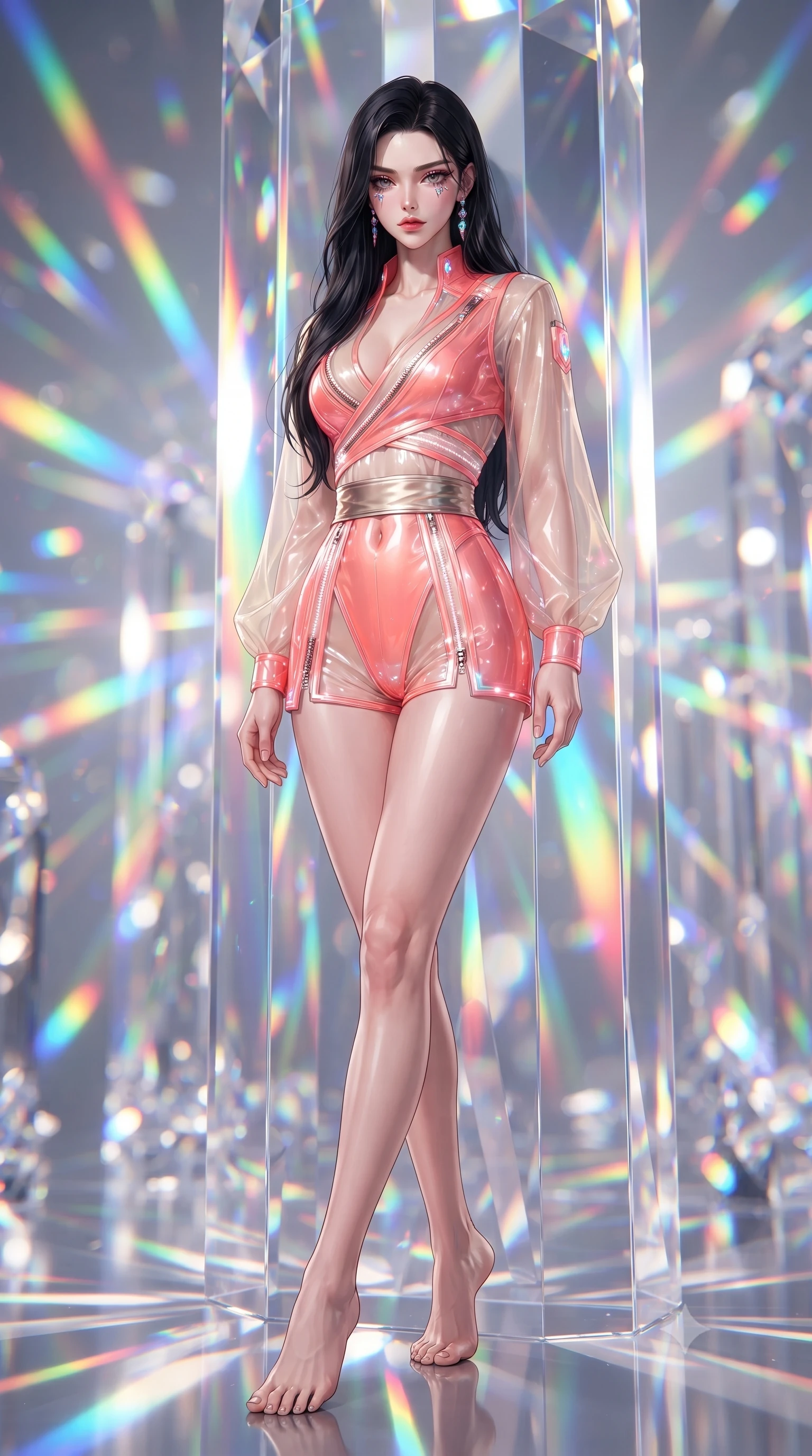 score_9, masterpiece, best quality, ultra-detailed, high-budget anime keyframe, editorial fashion photography, tasteful artistic composition, Korean woman. low angle full-body shot from head to toe showing her feet, filling the entire 9:16 vertical frame with her statuesque presence, stretching her vertical silhouette. striding forward in a proud, statuesque motion with a dangerous smolder, her vertical silhouette dominating the frame from head to toe while leaning against a towering optical crystal pillar with a haughty, smoldering gaze amidst pure white daylight. The composition keeps background elements in soft focus with creamy bokeh. vibrant rainbow spectrum light beams and crystal facets blurred into dazzling prismatic bokeh. She has an absolutely perfect, statuesque 8.5-heads proportion, an exceptionally tall and slender model-like female figure with impossibly long slender legs, a toned flat midriff, and an ultra-slim waist. sharp v-shaped jawline, high-bridge nose, intricate jewel-like eyes with depth, thick eyelashes, glossy lips with a natural sheen, flawlessly proportioned anatomical accuracy, strict slender model proportions, natural body alignment, perfectly sculpted long slender limbs, ultra-slim waistline, clean dynamic posture without body distortion. wearing a shortened cyber-fusion wrap top with transparent chiffon panels, a deep crossover neckline, and a high-waisted metallic sash that accentuates her ultra-slim waist in radiant coral pink and champagne ivory, tailored from semi-translucent cybernetic vinyl with glowing micro-filaments, featuring a dangerously unzipped neckline framed by glowing cybernetic accents, the form-contouring material adhering flawlessly to her sculpted flat midriff and slender torso, emphasizing her long leg lines and perfectly proportioned willowy build. surrounded by a hyper-creative, radiant, and fiercely chic modern fashion editorial aura. ultra-reflective glossy finish, specular highlights, metallic sheen, high-contrast stereoscopic depth, volumetric dynamic lighting, 2k, ultra detail, master piece, 9:16 ratio