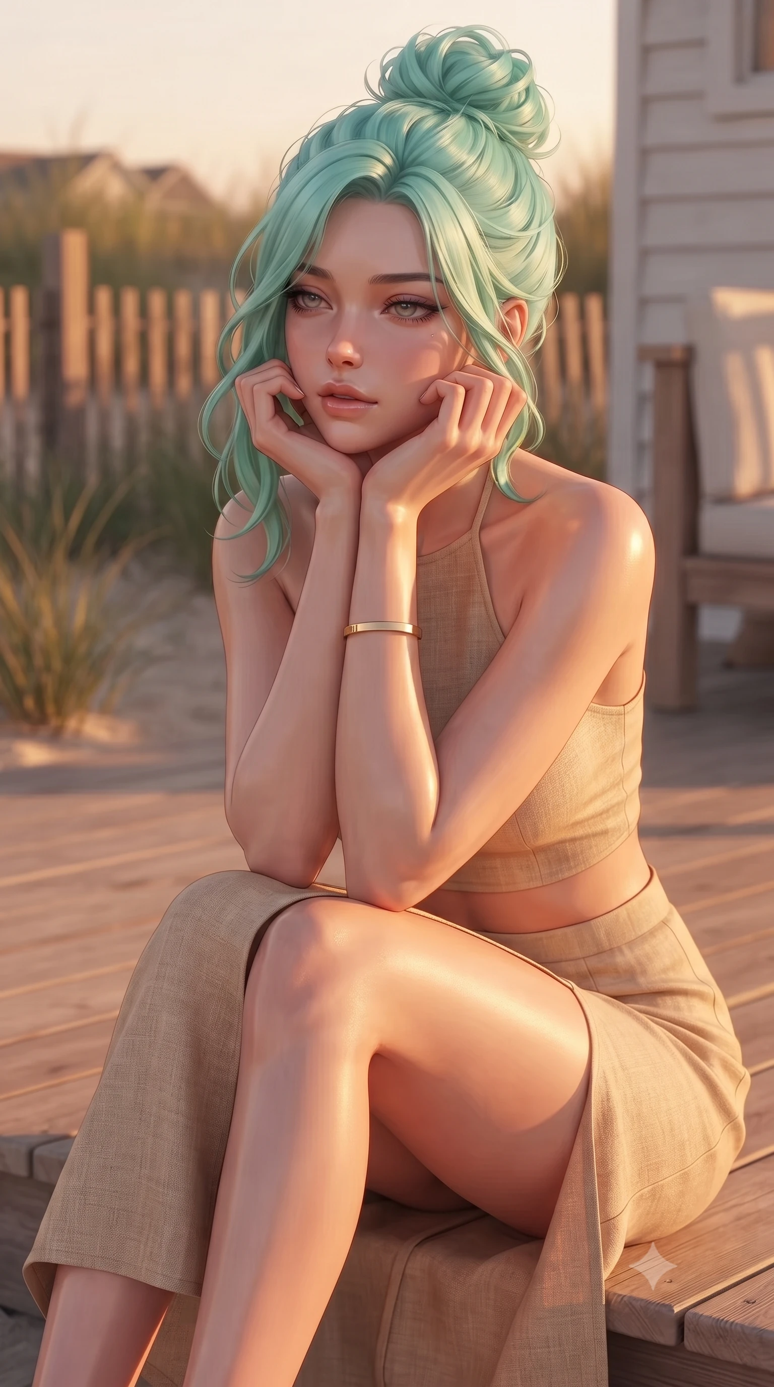 score_9, masterpiece, best quality, ultra-detailed, high-budget anime keyframe, editorial fashion photography, tasteful artistic composition, Japanese woman woman. close-up cowboy shot from the waist and thighs up, the character dominates the composition, filling the frame with her large presence, background elements kept in soft focus. resting her chin on the backs of her fingers, casting a heavy-lidded, sultry look past the camera the background shows a soft-focus a cozy wooden deck of a beachside cottage, surrounded by beachgrass and wooden fences. She has an exceptionally elegant, slender, and willowy female figure with an ultra-slim waist, a gracefully sculpted slender torso, and a refined silhouette. sharp v-shaped jawline, high-bridge nose, intricate jewel-like eyes with depth, thick eyelashes, glossy lips with a natural sheen. wearing a form-contouring linen halter-neck crop top paired with a matching high-slit midi skirt, revealing a sculpted midriff. warm sunset light casting a peaceful, cozy orange wash on her figure. ultra-reflective glossy finish, specular highlights, metallic sheen, high-contrast stereoscopic depth, volumetric dynamic lighting, 2k, ultra detail, master piece, 9:16 ratio