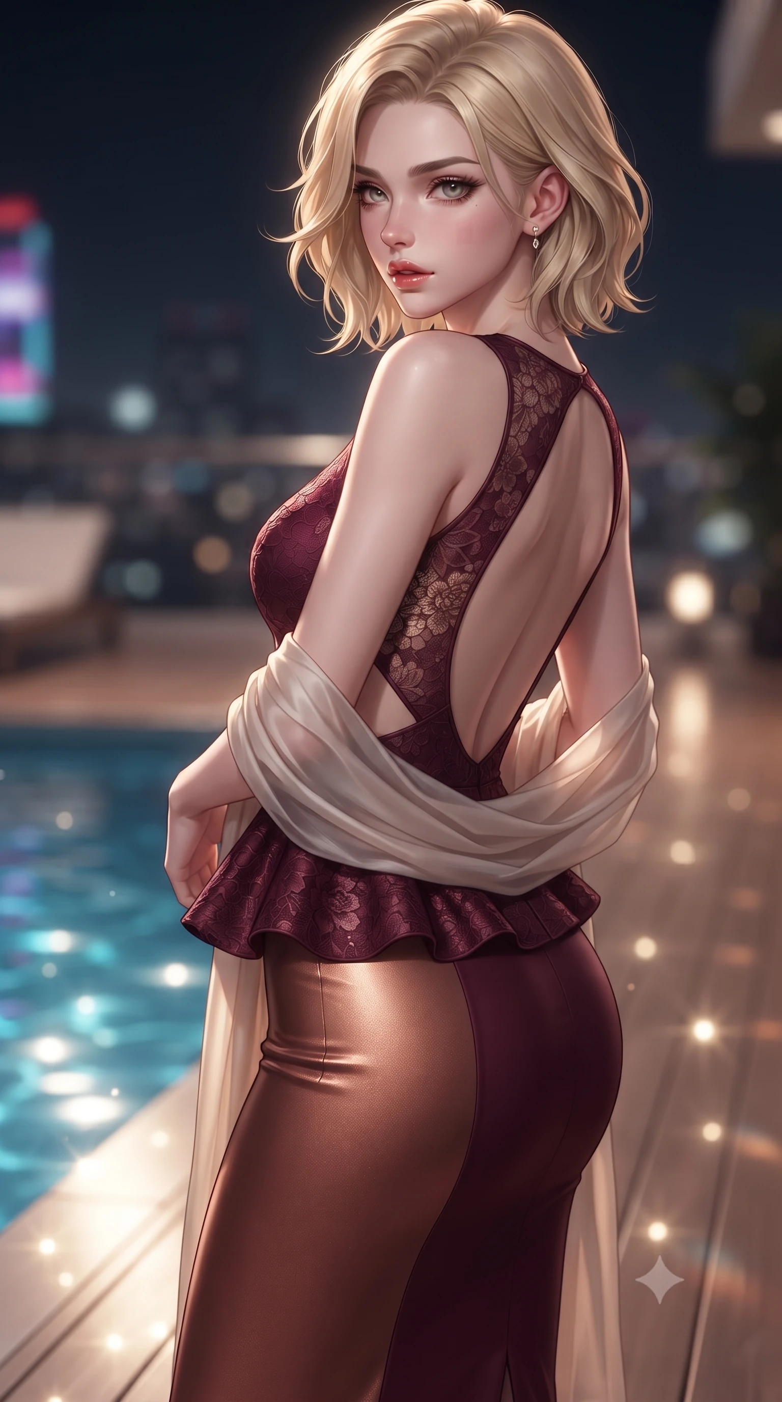 score_9, masterpiece, best quality, ultra-detailed, high-budget anime keyframe, editorial fashion photography, tasteful artistic composition, Caucasian woman. close-up cowboy shot from the waist and thighs up, the character dominates the composition, filling the frame with her large presence. twisting her slender torso in a deep contrapposto stance, hips dramatically shifted to accentuate her feminine curves while looking past her shoulder with smoldering bedroom-eyes while pivoting gracefully on the polished balcony deck with hips shifted in a pronounced contrapposto stance, parted glossy lips reflecting city neon. The composition keeps background elements in soft focus with creamy bokeh. shimmering pool caustics and city light reflections scattering radiant light motes across the deck. She has an exceptionally elegant, slender, and willowy female figure with an ultra-slim waist, a gracefully sculpted slender torso, toned flat midriff, and rounded feminine hips creating an alluring hourglass silhouette. sharp v-shaped jawline, high-bridge nose, intricate jewel-like eyes with depth, thick eyelashes, glossy parted lips with a natural sheen, intensely captivating and seductive bedroom-eyes expression, flawlessly proportioned anatomical accuracy, strict slender model proportions, natural body alignment, perfectly sculpted long slender limbs, ultra-slim waistline, clean dynamic posture without body distortion. wearing a modern peplum corset dress with side-waist diamond cutouts and an ultra-tight silhouette in rich wine burgundy and liquid bronze, formed from shimmering floral lace over smooth opaque silk lining, finished with a gossamer silk shawl draped loosely over her elbows, the dramatically scooped open back descending to the base of her spine, accentuating her razor-sharp statuesque lines and curvy hourglass silhouette. surrounded by a cosmopolitan, elite, and intensely magnetic modern royalty aura. ultra-reflective glossy finish, specular highlights, rich textural contrasts, high-contrast stereoscopic depth, volumetric dynamic lighting, 2k, ultra detail, master piece, 9:16 ratio