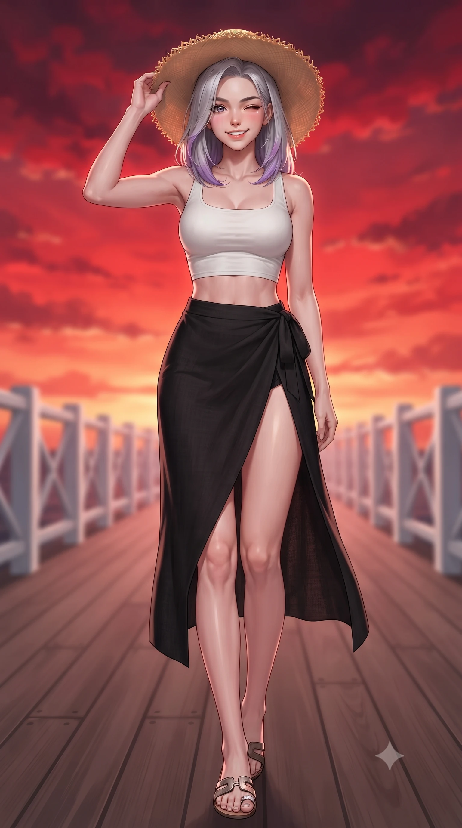 score_9, masterpiece, best quality, ultra-detailed, high-budget anime keyframe, editorial fashion photography, tasteful artistic composition, Caucasian woman. low angle full-body shot from head to toe showing her feet, filling the entire 9:16 vertical frame with her statuesque presence, stretching her vertical silhouette. standing with a cute, bright pose, tilting her head with a beaming smile set against a soft-focus background of walking along a wooden seaside boardwalk lined with white railings holding a wide-brimmed straw hat to her head with a playful wink. She has an absolutely perfect, statuesque 8.5-heads proportion, an exceptionally tall and slender model-like female figure with impossibly long slender legs and an ultra-slim waist. sharp v-shaped jawline, high-bridge nose, intricate jewel-like eyes with depth, thick eyelashes, glossy lips with a natural sheen. wearing body-hugging stylish crop top paired with a high-slit linen wrap skirt. the dramatic red and orange sunset sky casting a majestic rim light on her. highly saturated vibrant anime colors, detailed shading with soft gradients, rich glossy textures, high-contrast stereoscopic depth, volumetric dynamic lighting, master piece, 9:16 ratio