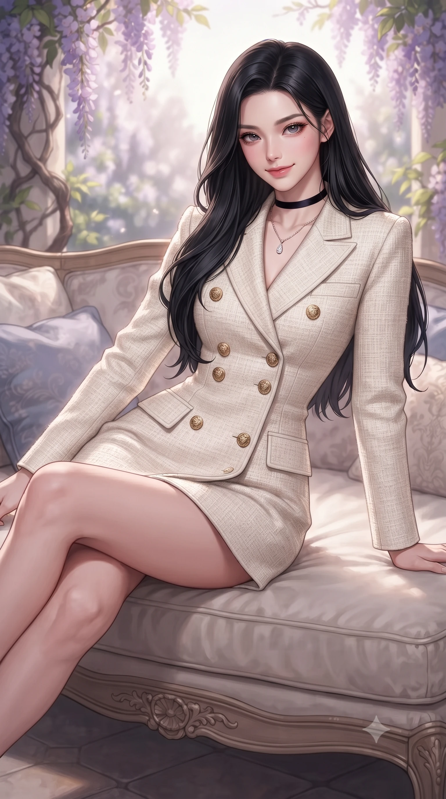 score_9, masterpiece, best quality, ultra-detailed, high-budget anime keyframe, editorial fashion photography, tasteful artistic composition, Korean woman. close-up cowboy shot from the waist and thighs up, the character dominates the composition, filling the frame with her large presence. perched sideways on the lounge seat, one knee drawn up to showcase her slender leg line while her arched back accentuates her feminine hip curve while reclining gracefully across the plush daybed with legs extended, flashing an enchanting, flirtatious smile toward the lens. The background shows a soft-focus wisteria vines softened in romantic Provençal midnight shallow focus. She has an exceptionally elegant, slender, and willowy female figure with an ultra-slim waist, flat toned midriff, narrow ribcage, and sculpted feminine hips creating an alluring, slim hourglass silhouette without bulk. sharp v-shaped jawline, high-bridge nose, intricate jewel-like sparkling eyes with depth, thick eyelashes, glossy parted lips with a natural peach sheen, bright cheerful beaming smile with an enchanting and coquettish sensual glint, exuding both youthful cute charm and seductive allure, flawlessly proportioned anatomical accuracy, strict slender model proportions, natural body alignment, perfectly sculpted long slender limbs, ultra-slim waistline, clean dynamic posture without body distortion. wearing a tailored ivory tweed double-breasted blazer dress with gold heraldic crest buttons in Brittany pink granite rose and deep Atlantic navy, crafted from bespoke double-faced cashmere with an exceptionally soft tactile finish, finished with a thin velvet ribbon choker and a single teardrop diamond pendant, the bespoke structured tailoring following the natural line of her 8.5-heads silhouette with refined elegance. illuminated by terrace stone bounce and sharp silver-lavender rim lights sculpting her razor-sharp jawline, narrow waist, and curvy hips. ultra-reflective glossy finish, specular highlights, rich textural contrasts, high-contrast stereoscopic depth, volumetric dynamic lighting, 2k, ultra detail, master piece, 9:16 ratio