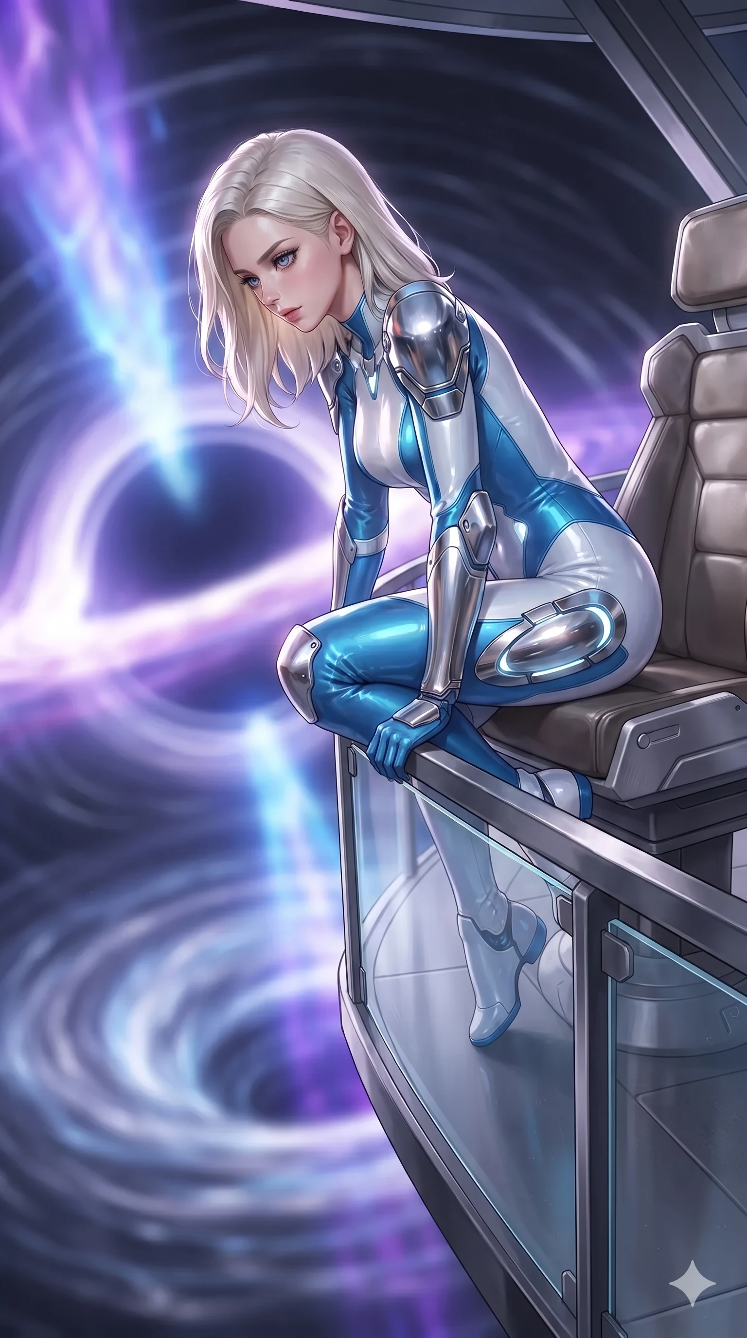 score_9, masterpiece, best quality, ultra-detailed, high-budget anime keyframe, editorial fashion photography, tasteful artistic composition, Caucasian woman. close-up cowboy shot from the waist and thighs up, the character dominates the composition, filling the frame with her large presence. perched sideways on the pilot seat, one knee drawn up to showcase her slender leg line while her arched back accentuates her feminine hip curve while leaning over the reinforced glass balcony railing with hips cocked back, casting an alluring bedroom-gaze into the swirling gravitational vortex. The background shows a soft-focus collimated relativistic plasma jet plumes, dark silhouette of the black hole shadow, and swirling magnetic flux lines blurred into violet, electric blue, and pitch-black bokeh. She has an exceptionally elegant, slender, and willowy female figure with an ultra-slim waist, flat toned midriff, narrow ribcage, and sculpted feminine hips creating an alluring, slim hourglass silhouette without bulk. sharp v-shaped jawline, high-bridge nose, intricate jewel-like sparkling eyes with depth, thick eyelashes, glossy parted lips with a natural sheen, bright confident smile with an enchanting and coquettish sensual glint, exuding both youthful magnetic charm and sovereign high-tech allure, flawlessly proportioned anatomical accuracy, strict slender model proportions, natural body alignment, perfectly sculpted long slender limbs, ultra-slim waistline, clean dynamic posture without body distortion. wearing a sculpted liquid vinyl second-skin bodycon suit hugging every curve of her feminine hips with metallic luster in arctic snowflake white and electric plasma blue, woven from high-density tech-wool with subtle metallic thread weave, accented with strategically placed chrome armor plate guards covering key curves, the bespoke structured tailoring following the natural line of her 8.5-heads silhouette with refined elegance. bathed in the blinding, pure violet and electric blue illumination of the relativistic jet mixed with warm interior ambient lighting. ultra-reflective glossy finish, specular highlights, rich textural contrasts, high-contrast stereoscopic depth, volumetric dynamic lighting, 2k, ultra detail, master piece, 9:16 ratio