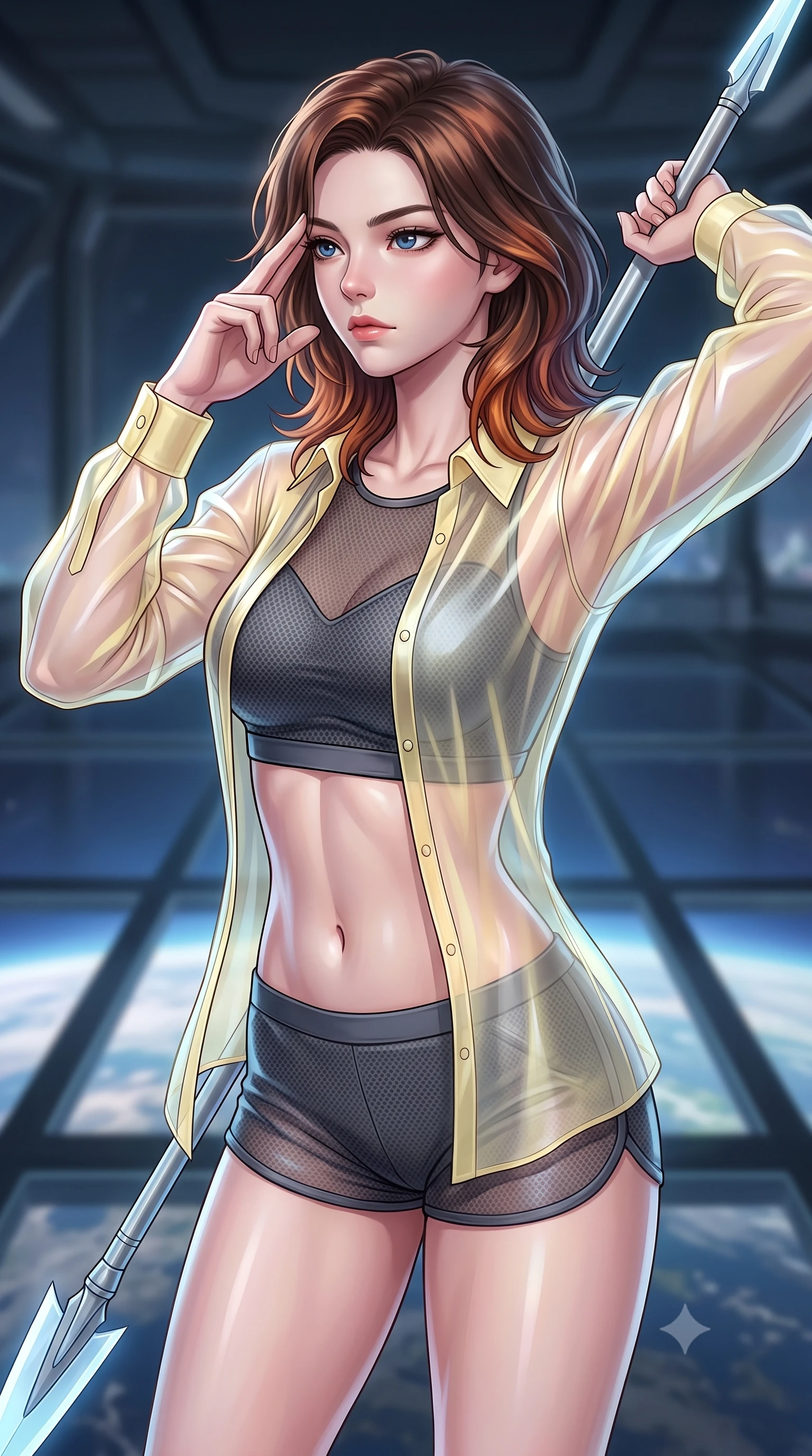 score_9, masterpiece, best quality, ultra-detailed, high-budget anime keyframe, editorial fashion photography, tasteful artistic composition, Korean woman. close-up cowboy shot from the waist and thighs up, the character dominates the composition, filling the frame with her large presence, background elements kept in soft focus. pressing two fingers to her temple while holding a light-spear diagonally behind her in a composed thoughtful gesture, the background shows a soft-focus a citadel bridge deck with glass panels showing a planet horizon below. She has an exceptionally elegant, slender, and willowy female figure with an ultra-slim waist, a gracefully sculpted slender torso, and a refined silhouette. sharp v-shaped jawline, high-bridge nose, intricate jewel-like eyes with depth, thick eyelashes, glossy lips with a natural sheen. wearing a form-contouring sheer organza combat shirt in pale yellow, worn open over a carbon-mesh crop top and micro-shorts. cool silver light reflecting from the planet below wrapping her form in a glaze. highly saturated vibrant anime colors, detailed shading with soft gradients, rich glossy textures, high-contrast stereoscopic depth, volumetric dynamic lighting, master piece, 9:16 ratio