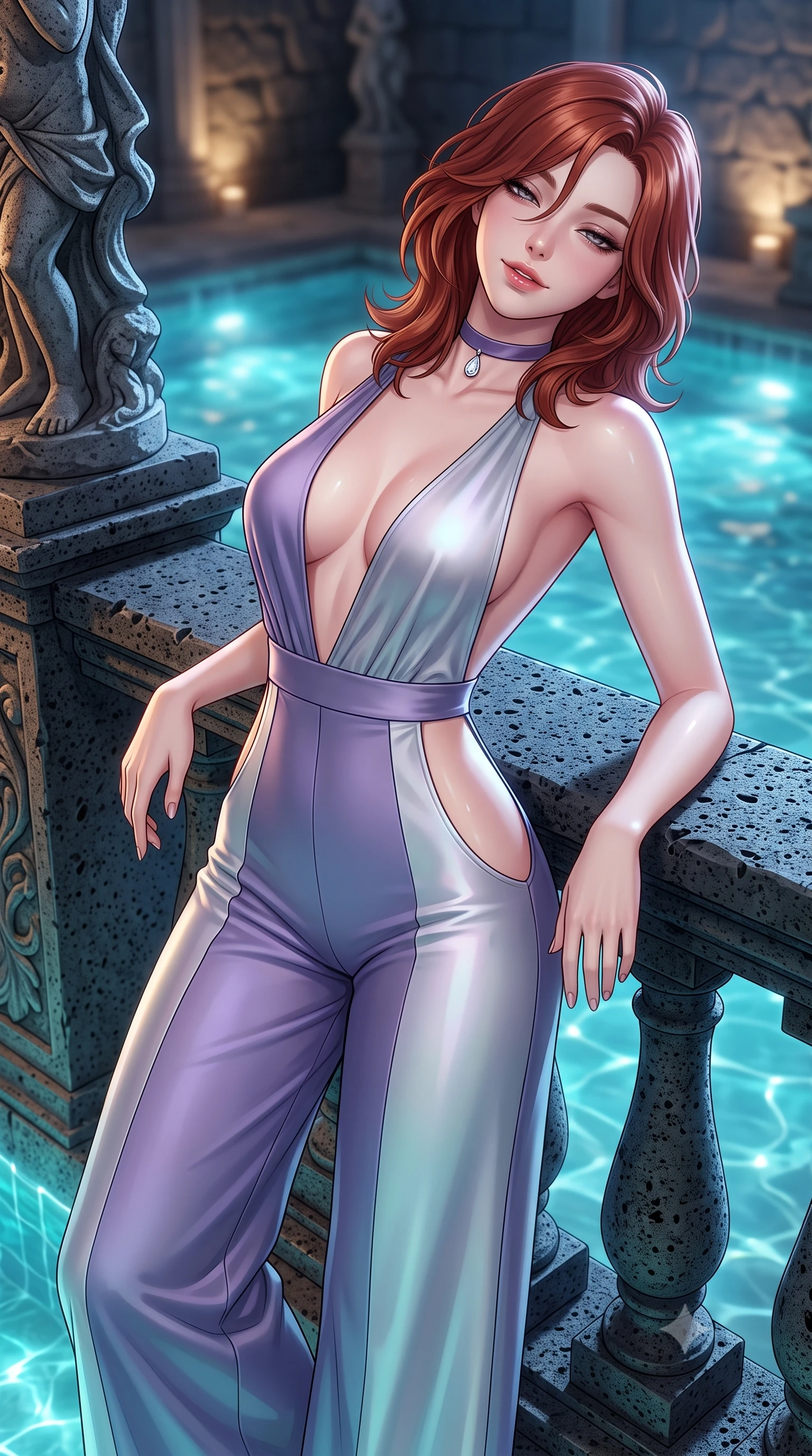 score_9, masterpiece, best quality, ultra-detailed, high-budget anime keyframe, semi-realistic 3D game render, editorial fashion photography, tasteful artistic composition, Korean woman. close-up cowboy shot from the waist and thighs up, the character dominates the composition, filling the frame with her large presence. leaning back against the balustrade with relaxed seductive grace, head tilted back slightly while casting a hypnotic, heavy-lidded gaze while twisting her slender torso in an alluring S-curve, glowing submerged thermal lights and moonbeams tracing her flat midriff and curvy hips. The surrounding environment is rendered in vivid detail and crisp panoramic clarity: sharp porous black volcanic basalt stone textures, carved stone statue details, and crystal-clear spring water clarity in deep focus. She has an exceptionally elegant, slender, and willowy female figure with an ultra-slim waist, flat toned midriff, narrow ribcage, and sculpted feminine hips creating an alluring, slim hourglass silhouette without bulk. sharp v-shaped jawline, high-bridge nose, sparkling eyes with hypnotic seductive depth, thick curled eyelashes, glossy parted lips with a natural dewy peach sheen, alluring bedroom-eyes with an enchanting coquettish smile, exuding magnetic siren charisma and sophisticated glamour, flawlessly proportioned anatomical accuracy, strict slender model proportions, natural body alignment, perfectly sculpted long slender limbs, ultra-slim waistline, clean dynamic posture without body distortion. wearing a backless plunge-front silk satin jumpsuit with fluid wide-leg silhouette and side hip cutouts in dusk lavender and iridescent silver, tailored from fine structural neoprene with crisp architectural edges and smooth contouring, finished with a thin velvet ribbon choker and a single teardrop diamond pendant, the second-skin tailored fabric adhering flawlessly to her sculpted flat midriff and slender torso, emphasizing her long leg lines and perfectly proportioned willowy build. bathed in luminous underwater aquamarine spring lighting paired with soft warm garden uplights and full moonlight. highly saturated vibrant anime colors, detailed shading with soft gradients, rich glossy textures, high-contrast stereoscopic depth, volumetric dynamic lighting, master piece, 9:16 ratio