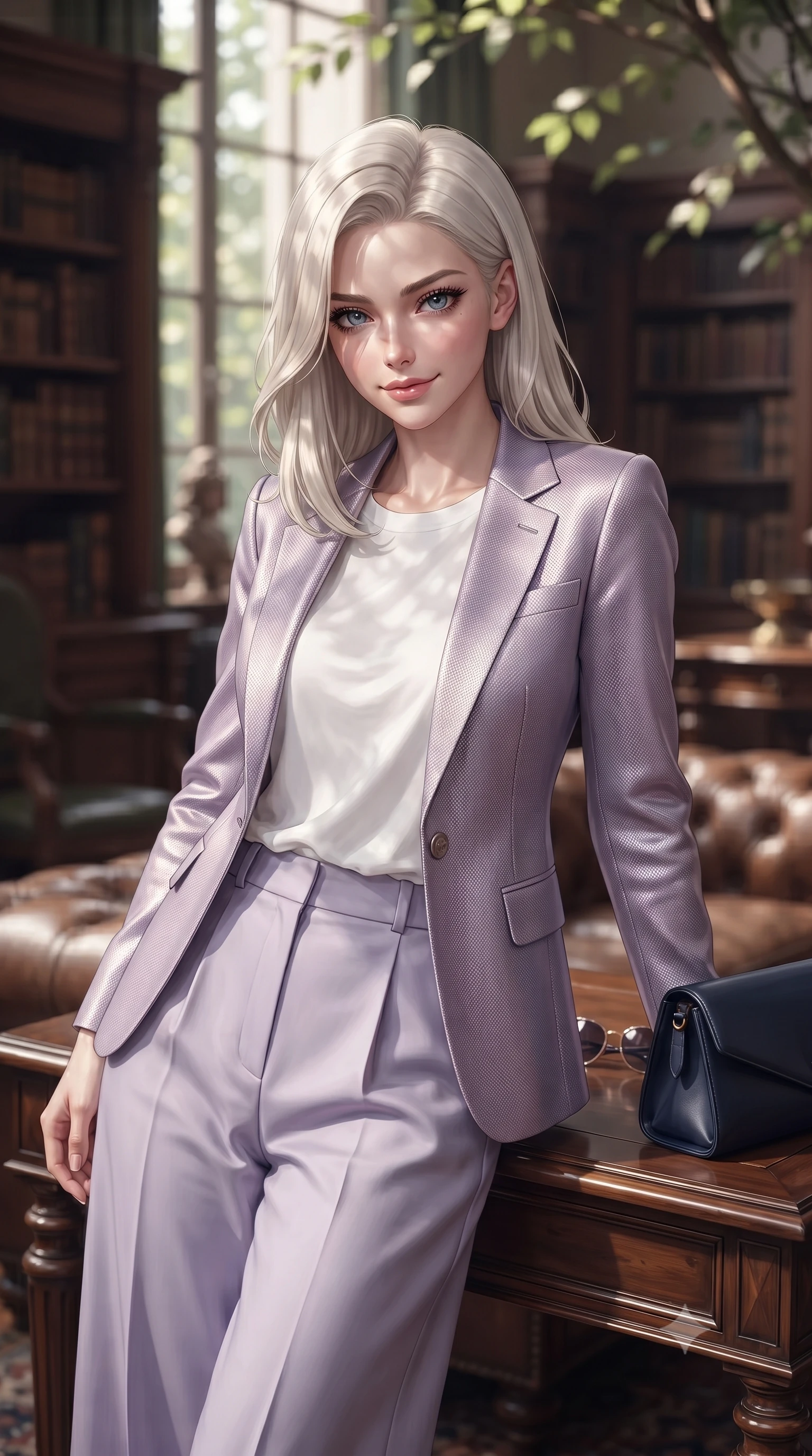 score_9, masterpiece, best quality, ultra-detailed, high-budget anime keyframe, editorial fashion photography, tasteful artistic composition, Caucasian woman. close-up cowboy shot from the waist and thighs up, the character dominates the composition, filling the frame with her large presence, background elements kept in soft focus. leaning slightly forward over the table with a playful, magnetic smile that locks direct eye contact set against a soft-focus background of inside an exclusive historic manor library with a pair of designer sunglasses and a sleek leather clutch bag on the lounger. She has an exceptionally elegant, slender, and willowy female figure with an ultra-slim waist, a gracefully sculpted slender torso, and a refined silhouette. sharp v-shaped jawline, high-bridge nose, intricate jewel-like eyes with depth, thick eyelashes, glossy lips with a natural sheen. wearing form-contouring pale lavender contouring mesh tailored casual blazer paired with a loose tee and wide-leg trousers featuring refined tailored seams. highlighted by dappled sunlight filtering through leafy branches, creating soft organic patterns. ultra-reflective glossy finish, specular highlights, metallic sheen, high-contrast stereoscopic depth, volumetric dynamic lighting, 2k, ultra detail, master piece, 9:16 ratio