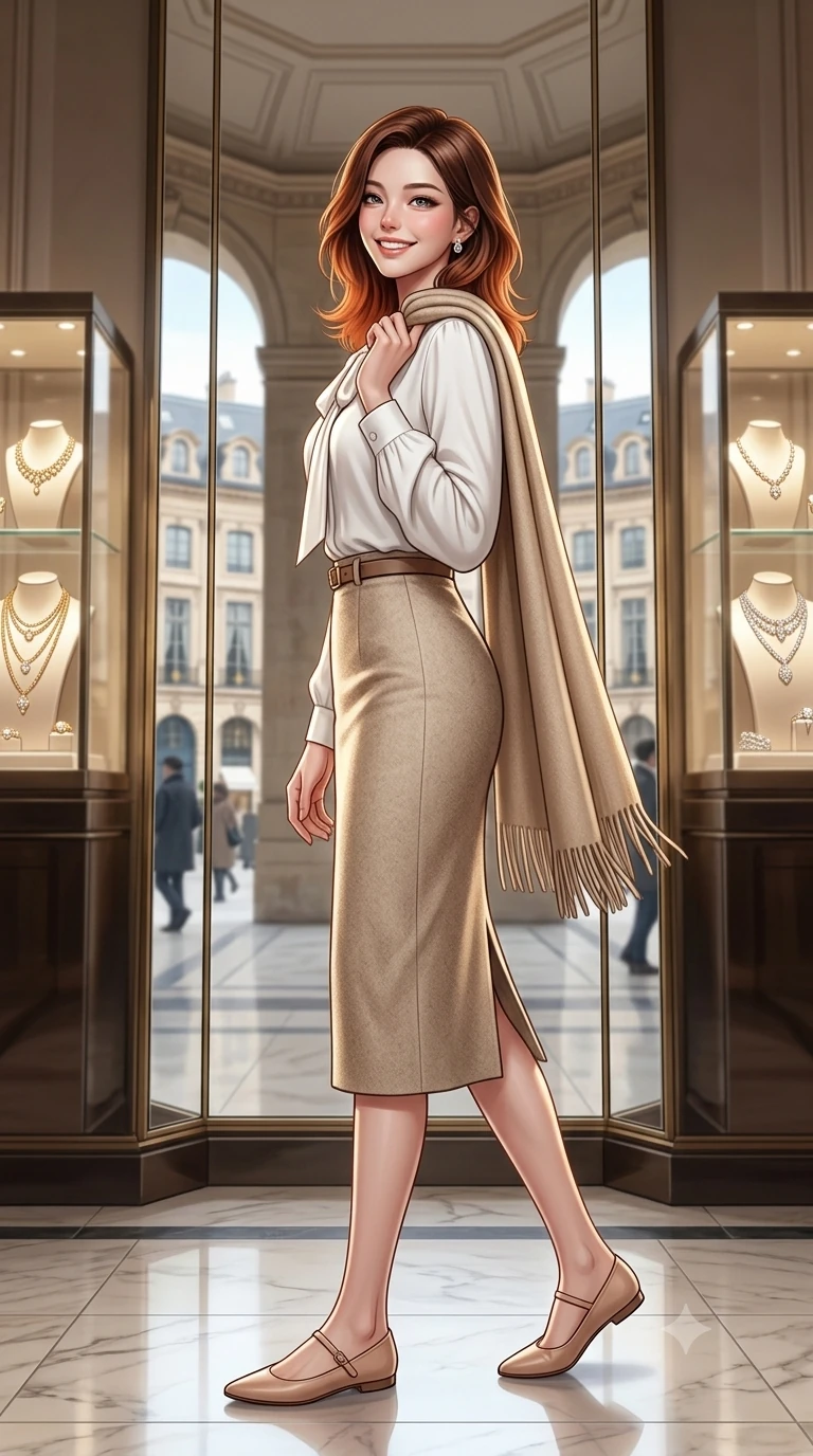 score_9, masterpiece, best quality, ultra-detailed, high-budget anime keyframe, semi-realistic 3D game render, editorial fashion photography, tasteful artistic composition, Korean woman. low angle full-body shot from head to toe showing her feet, filling the entire 9:16 vertical frame with her statuesque presence, stretching her vertical silhouette. pausing along the promenade and turning back toward the camera with an infectious, delightful smile and perfect posture while walking past monumental mirrors reflecting the historic octagonal Place Vendôme square, turning with magnetic high-fashion poise. The background shows a soft-focus glass display cases with luxury jewels softened in opulent Parisian palace shallow focus. She has an exceptionally tall and slender model-like 8.5-heads proportion, an ultra-slim waist, a flat toned midriff, narrow delicate ribcage, and beautifully sculpted feminine hips creating a graceful, slim hourglass silhouette without any bulky heaviness, with impossibly long slender legs. sharp v-shaped jawline, high-bridge nose, intricate jewel-like sparkling eyes with depth, thick eyelashes, glossy parted lips with a natural peach sheen, bright cheerful beaming smile with an enchanting and coquettish sensual glint, exuding both youthful cute charm and seductive allure, flawlessly proportioned anatomical accuracy, strict slender model proportions, natural body alignment, perfectly sculpted long slender limbs, ultra-slim waistline, clean dynamic posture without body distortion. wearing a fluid silk crepe pussy-bow blouse paired with a high-waisted tailored pencil midi skirt and slim leather belt in Swiss alpine snow white and oat cashmere, made of luxurious brushed wool flannel with rich textural depth and clean structure, accented with a wide brushed cashmere fringe scarf draped elegantly over one shoulder, the structured cinched belt emphasizing her narrow waistline and gracefully balanced proportions with timeless haute-couture polish. illuminated by polished marble floor bounce and pristine champagne rim lights defining her razor-sharp jawline and elegant tailored silhouette. highly saturated vibrant anime colors, detailed shading with soft gradients, rich glossy textures, high-contrast stereoscopic depth, volumetric dynamic lighting, master piece, 9:16 ratio