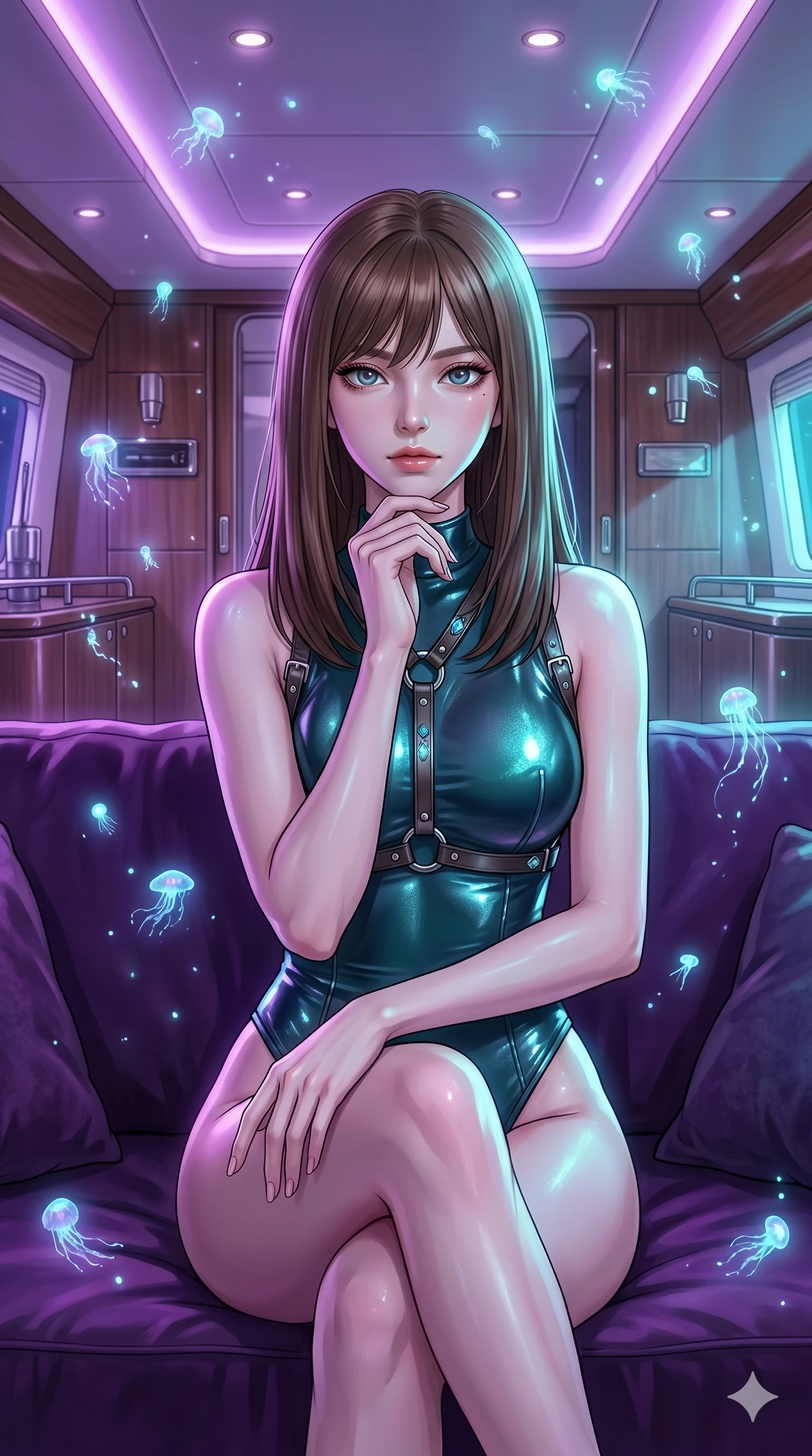 score_9, masterpiece, best quality, ultra-detailed, high-budget anime keyframe, editorial fashion photography, tasteful artistic composition, Korean woman. cowboy shot from the thighs up, character and outfit filling the frame for maximum editorial presence. sitting on a velvet sofa, resting her chin on her fingers, looking directly into the lens inside a luxury yacht cabin room (Code-P17-097). She has an absolutely perfect 8-heads proportion, an exceptionally tall and slender female figure with impossibly long slender legs and an ultra-slim waist. V-shaped jawline, high-bridge nose, intricate jewel-like eyes with depth, thick eyelashes, glossy lips with a natural sheen. wearing a wet-look bodysuit with high-cut lines and an elegant harness. soft purple and cyan light from the floating organisms, casting a magical aura on her. 2k, ultra detail, master piece, 9:16 ratio
