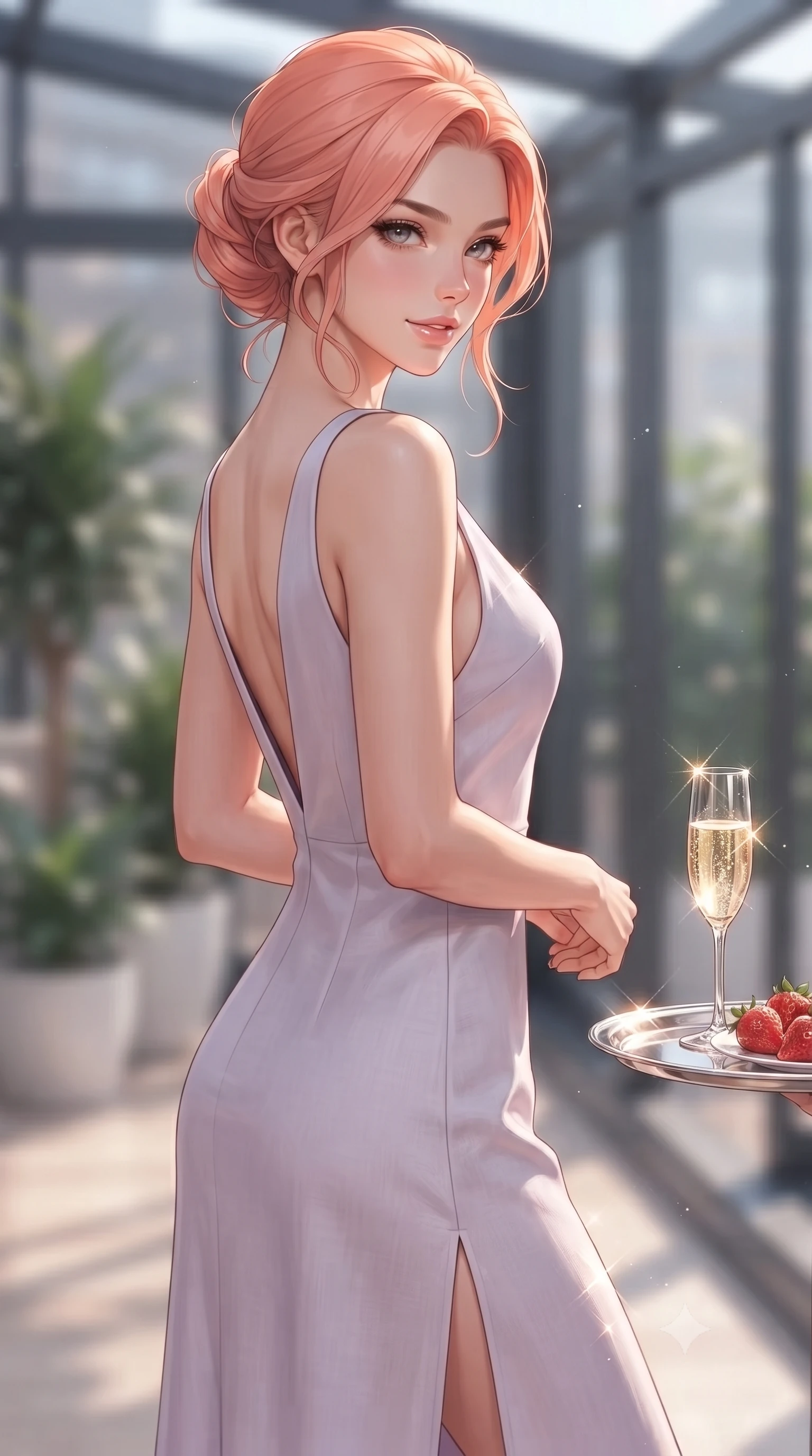 score_9, masterpiece, best quality, ultra-detailed, high-budget anime keyframe, editorial fashion photography, tasteful artistic composition, Japanese woman. close-up cowboy shot from the waist and thighs up, the character dominates the composition, filling the frame with her large presence, background elements kept in soft focus. glancing sidelong over her shoulder with an intoxicating, lingering stare and a subtle, knowing smile set against a soft-focus background of inside an exclusive solarium deck with a crystal glass of sparkling champagne and fresh strawberries on a silver tray. She has an exceptionally elegant, slender, and willowy female figure with an ultra-slim waist, a gracefully sculpted slender torso, and a refined silhouette. sharp v-shaped jawline, high-bridge nose, intricate jewel-like eyes with depth, thick eyelashes, glossy lips with a natural sheen. wearing tailored pale lavender soft linen open-back silk slip dress featuring a deep V-neckline and a leg-lengthening side slit featuring refined tailored seams. lit by crisp morning sun rays creating sparkling glints on polished glass and water. ultra-reflective glossy finish, specular highlights, metallic sheen, high-contrast stereoscopic depth, volumetric dynamic lighting, 2k, ultra detail, master piece, 9:16 ratio
