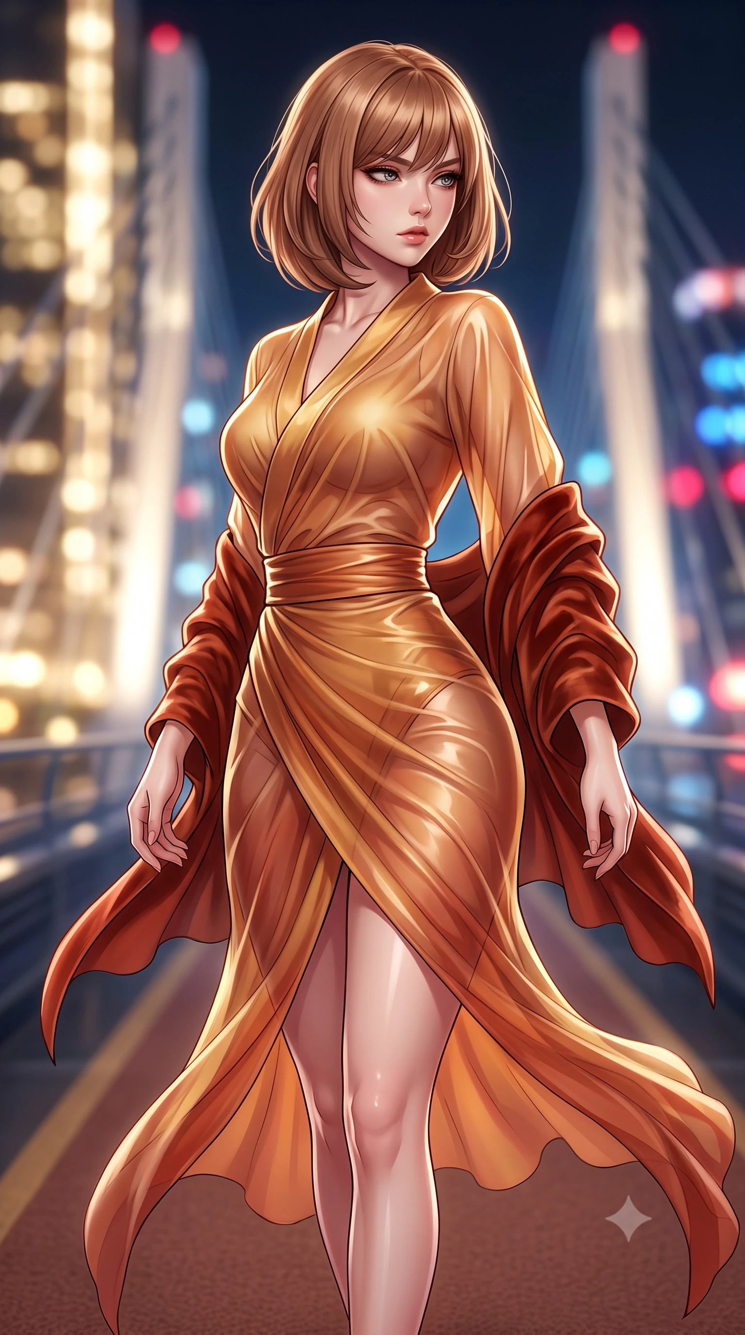 score_9, masterpiece, best quality, ultra-detailed, high-budget anime keyframe, semi-realistic 3D game render, editorial fashion photography, tasteful artistic composition, Caucasian woman. close-up cowboy shot from the waist and thighs up, the character dominates the composition, filling the frame with her large presence. twisting her slender torso in a deep contrapposto stance, hips dramatically shifted to accentuate her feminine curves while looking past her shoulder with smoldering bedroom-eyes while striding down the carpeted maglev aisle with sovereign poise, her tailored high-slit dress fluttering to reveal her long legs. The composition keeps background elements in soft focus with creamy bokeh. blazing skyscraper light trails and suspension transit pylons blurred into golden champagne, sapphire, and ruby bokeh. She has an exceptionally elegant, slender, and willowy female figure with an ultra-slim waist, flat toned midriff, narrow ribcage, and sculpted feminine hips creating an alluring, slim hourglass silhouette without bulk. sharp v-shaped jawline, high-bridge nose, intricate jewel-like eyes with depth, thick eyelashes, glossy parted lips with a natural sheen, intensely captivating and seductive bedroom-eyes expression, flawlessly proportioned anatomical accuracy, strict slender model proportions, natural body alignment, perfectly sculpted long slender limbs, ultra-slim waistline, clean dynamic posture without body distortion. wearing a delicate semi-translucent silk yukata that clings to her wet skin and curvy hip contours in molten desert gold and burnt terracotta, woven from layered gossamer chiffon with a weightless sweeping drape, complemented by a plush velvet shawl draped loosely over her elbows, the liquid-tight tailored fabric clinging flawlessly to her narrow waist and rounded feminine hips, emphasizing every millimeter of her sculpted slim hourglass curves without any bulky heaviness. illuminated by sleek metallic specular reflections carving her narrow waistline and curvy hips. highly saturated vibrant anime colors, detailed shading with soft gradients, rich glossy textures, high-contrast stereoscopic depth, volumetric dynamic lighting, master piece, 9:16 ratio