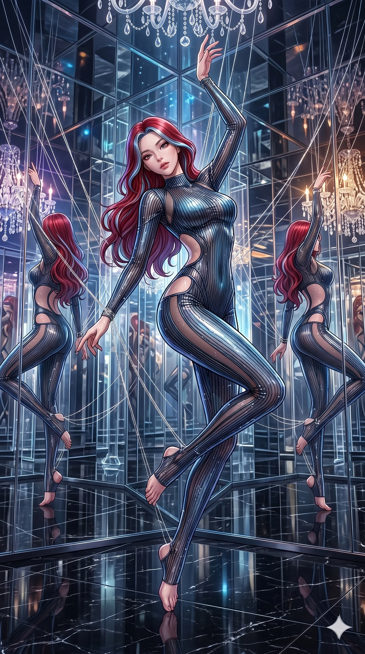 score_9, masterpiece, best quality, ultra-detailed, High-budget Anime Keyframe, East Asian woman. Dynamic full-body shot stretching the vertical silhouette to the limit. Scenario 186: Suspended by invisible silk threads in a hall of mirrors. Her presence is magnetic and overpowering in this high-budget anime scene. Outfit 186: A ribbed bodycon knit mesh with a strategic side cut-outs and wet-look texture. The clothing is designed to emphasize her exceptionally tall and slender 8-heads proportion. 8-heads proportion, towering silhouette, ultra-slim waist. sharp v-shaped jawline, intricate jewel-like eyes with depth, thick eyelashes, glossy lips. 2k, ultra detail, master piece, 9:16 ratio
