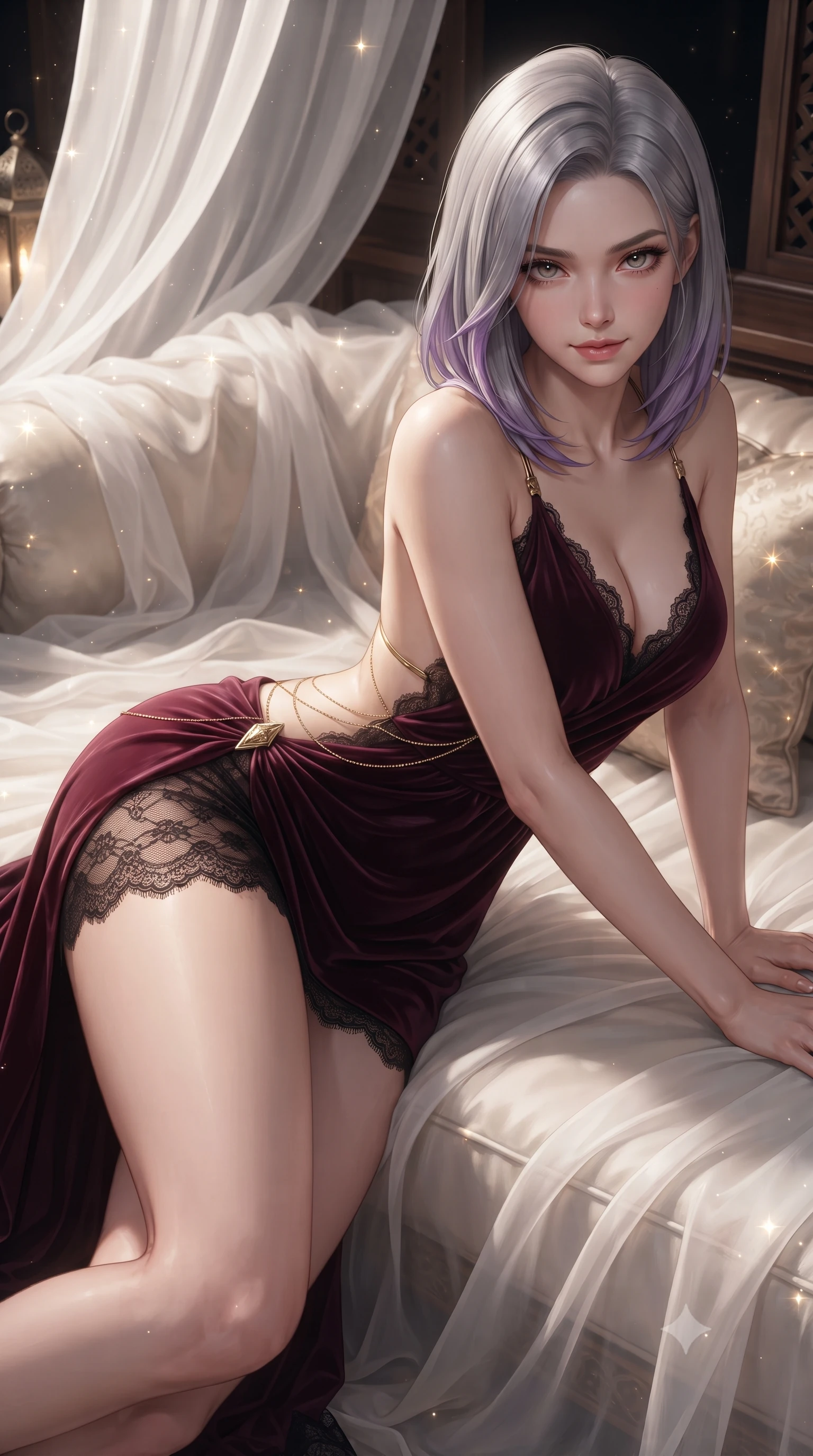 score_9, masterpiece, best quality, ultra-detailed, high-budget anime keyframe, editorial fashion photography, tasteful artistic composition, Caucasian woman. close-up cowboy shot from the waist and thighs up, the character dominates the composition, filling the frame with her large presence. leaning forward while arching her lower back to accentuate her curvy hips, looking into the camera with an intoxicating smoldering gaze and bedroom-eyes while lounging across the oversized plush silk divan draped in flowing sheer white linen, arching her spine with effortless supermodel poise under the stars. The surrounding environment is rendered in vivid detail and crisp panoramic clarity: detailed backless plunge-front silk jumpsuit tailoring, gold body chain shine, and bespoke cabana woodwork in high resolution. She has an exceptionally elegant, slender, and willowy female figure with an ultra-slim waist, flat toned midriff, narrow ribcage, and sculpted feminine hips creating an alluring, slim hourglass silhouette without bulk. sharp v-shaped jawline, high-bridge nose, sparkling eyes with hypnotic seductive depth, thick curled eyelashes, glossy parted lips with a natural dewy peach sheen, alluring bedroom-eyes with an enchanting coquettish smile, exuding magnetic siren charisma and sophisticated glamour, flawlessly proportioned anatomical accuracy, strict slender model proportions, natural body alignment, perfectly sculpted long slender limbs, ultra-slim waistline, clean dynamic posture without body distortion. wearing a draped Greek-goddess style silk chiffon mini toga dress with an open back and golden hip fibula in deep bordeaux velvet and delicate black chantilly, made of semi-opaque stretch illusion mesh with soft shadowy contours, finished with scalloped eyelash lace trim framing her sweetheart neckline with intimate elegance, the second-skin tailored fabric adhering flawlessly to her sculpted flat midriff and slender torso, emphasizing her long leg lines and perfectly proportioned willowy build. illuminated by lantern light scatter and sharp starry-platinum rim lights defining her delicate clavicles, ultra-slim waist, and curvy hips. ultra-reflective glossy finish, specular highlights, rich textural contrasts, high-contrast stereoscopic depth, volumetric dynamic lighting, 2k, ultra detail, master piece, 9:16 ratio