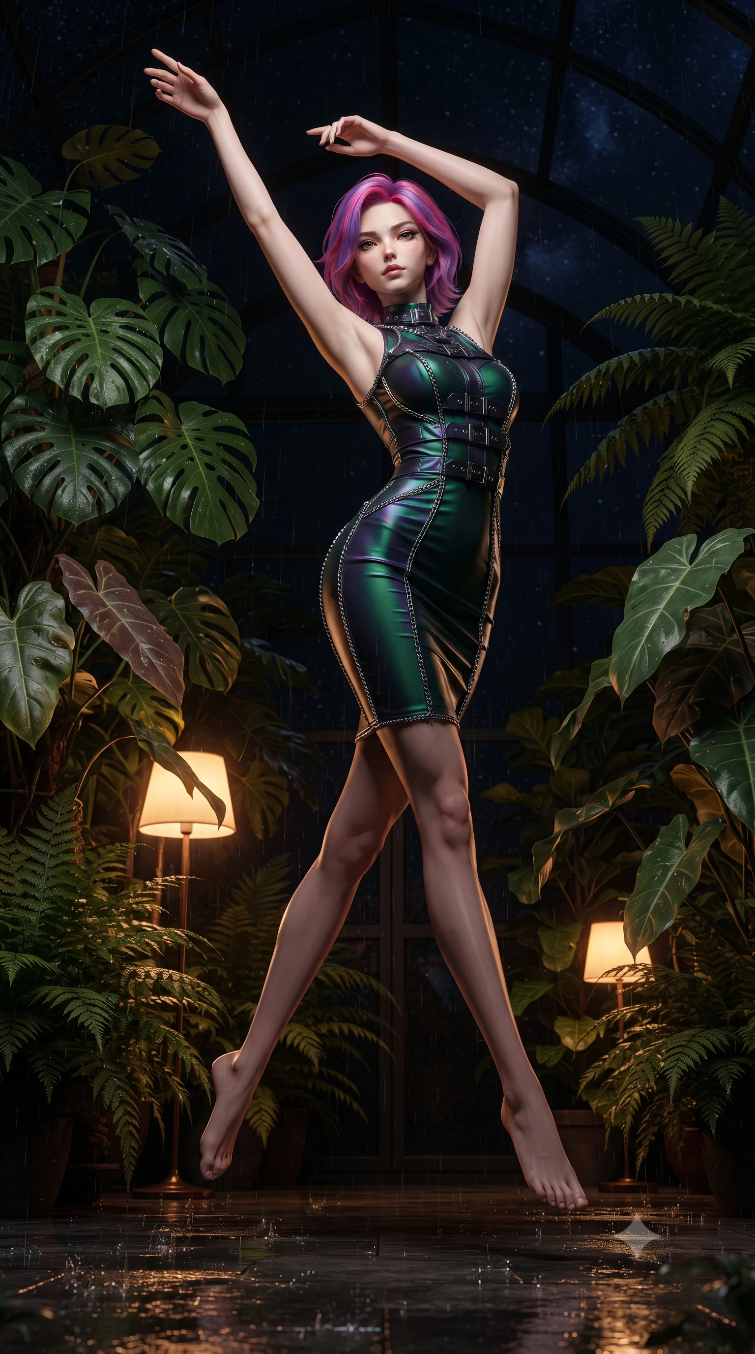 score_9, masterpiece, best quality, ultra-detailed, high-budget anime keyframe, editorial fashion photography, tasteful artistic composition, Caucasian woman. low angle full-body shot from head to toe showing her feet, filling the entire 9:16 vertical frame with her statuesque presence, stretching her vertical silhouette. leaping dynamically through the starry space, her posture full of power and elegance, standing amidst lush tropical monstera plants illuminated by warm amber floor lamps, cozy yet intensely alluring nocturnal greenhouse atmosphere. She has an absolutely perfect, statuesque 8.5-heads proportion, an exceptionally tall and slender model-like female figure with impossibly long slender legs and an ultra-slim waist. sharp v-shaped jawline, high-bridge nose, intricate jewel-like eyes with depth, thick eyelashes, glossy lips with a natural sheen. wearing aerodynamic second-skin dark silver metallic bodycon dress in deep emerald green, made of iridescent dark violet taffeta, framed by dark titanium buckles and silver chain details, following her slender form with tailored precision. bathed in wet rain reflections and deep shadowy background contrast. ultra-reflective glossy finish, specular highlights, metallic sheen, high-contrast stereoscopic depth, volumetric dynamic lighting, 2k, ultra detail, master piece, 9:16 ratio