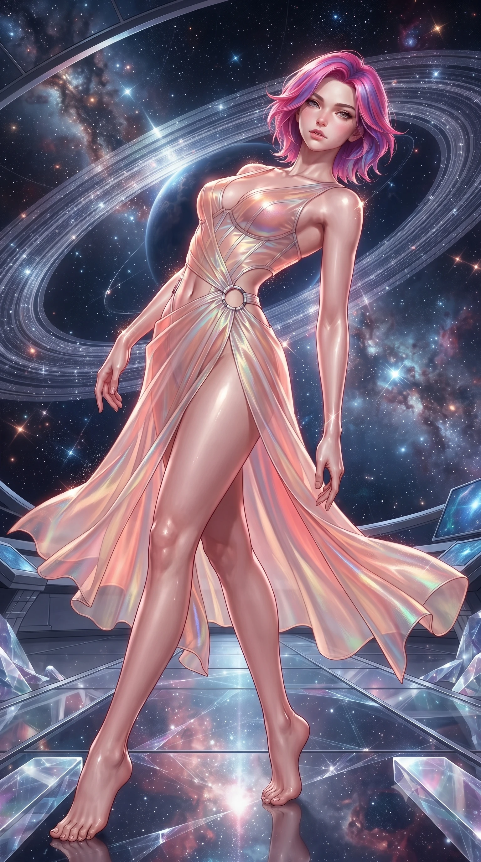 score_9, masterpiece, best quality, ultra-detailed, high-budget anime keyframe, editorial fashion photography, tasteful artistic composition, Caucasian woman. low angle full-body shot from head to toe showing her feet, filling the entire 9:16 vertical frame with her statuesque presence, stretching her vertical silhouette. arching her back in a fluid zero-gravity turn with sovereign grace, her long slender legs and sculpted torso creating a sweeping line while arching her spine in a fluid zero-gravity turn as cosmic stardust and diamond reflections outline her sculpted torso. The surrounding environment is rendered in vivid detail and crisp panoramic clarity. intricate cosmic observatory rings, starlight refraction patterns, and crystalline walkways in high clarity. She has an absolutely perfect, statuesque 8.5-heads proportion, an exceptionally tall and slender model-like female figure with impossibly long slender legs, a toned flat midriff, and an ultra-slim waist. sharp v-shaped jawline, high-bridge nose, intricate jewel-like eyes with depth, thick eyelashes, glossy lips with a natural sheen, flawlessly proportioned anatomical accuracy, strict slender model proportions, natural body alignment, perfectly sculpted long slender limbs, ultra-slim waistline, clean dynamic posture without body distortion. wearing a translucent iridescent organza wrap dress with structured bustier boning, plunging neckline, and high-cut dual leg slits in radiant coral pink and champagne ivory, made of smooth iridescent silk chiffon that shifts colors with movement, detailed with polished silver rings connecting the daring side-waist cutouts, the precision-cut daring openings accentuating her delicate midriff, graceful bare collarbones, and ultra-slim feminine waistline. illuminated by crisp diamond-specular highlights tracing her sculpted collarbones, waist, and slender limbs. ultra-reflective glossy finish, specular highlights, metallic sheen, high-contrast stereoscopic depth, volumetric dynamic lighting, 2k, ultra detail, master piece, 9:16 ratio