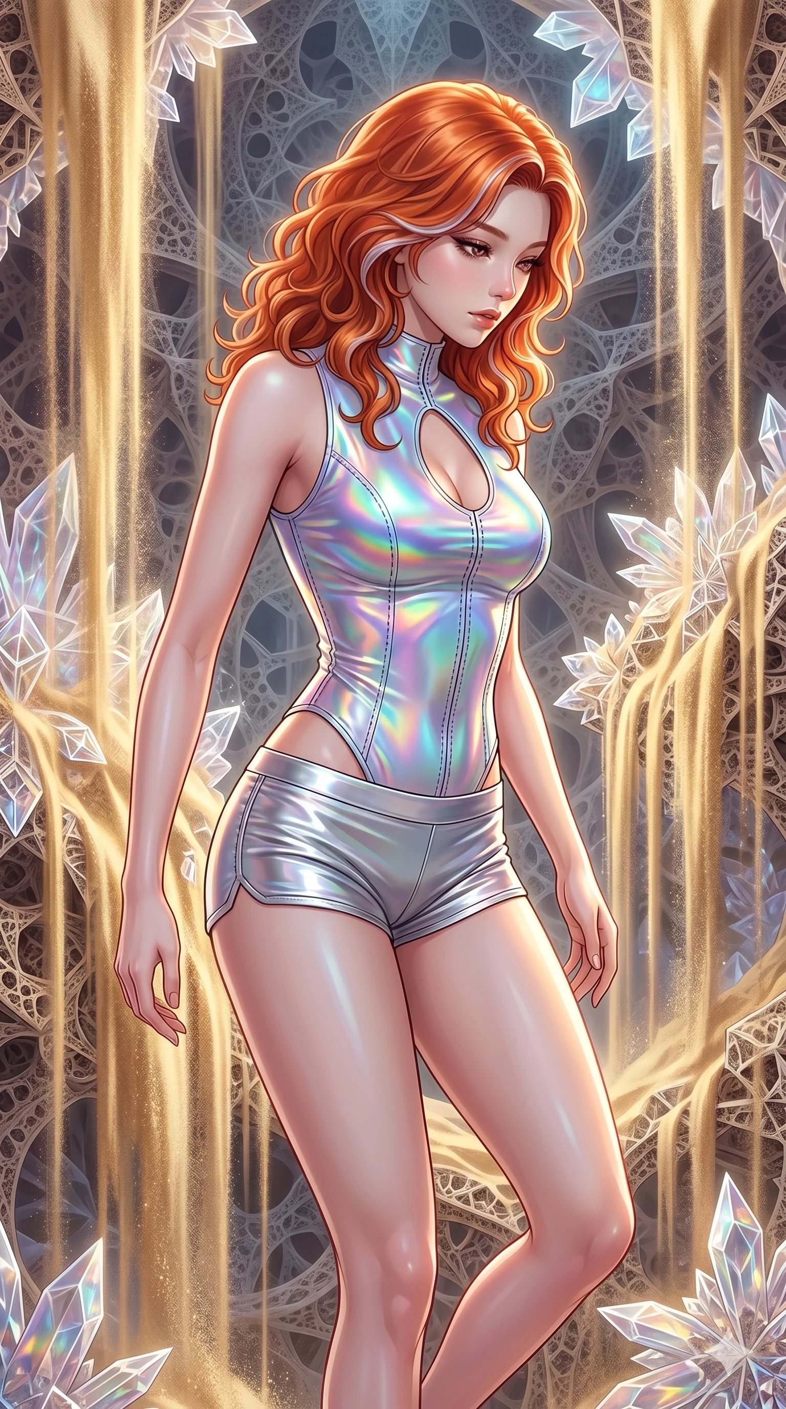 score_9, masterpiece, best quality, ultra-detailed, high-budget anime keyframe, Korean woman. upper body close-up from the thighs up, character filling the screen for maximum presence. descending through a fractal quicksand temple where golden sand waterfalls transform into glass crystals, revealing intricate repeating patterns. She has an absolutely perfect 8-heads proportion, an exceptionally tall and slender female figure with impossibly long slender legs and an ultra-slim waist. V-shaped jawline, high-bridge nose, intricate jewel-like eyes with depth, thick eyelashes, glossy lips with a natural sheen.. wearing a holographic liquid silk vest and silver metallic micro-shorts, featuring a keyhole cutout and form-fitting silhouette. lit by a soft glowing ambient light and a sharp side key light that traces the sleek contours of her athletic build. 2k, ultra detail, master piece, 9:16 ratio