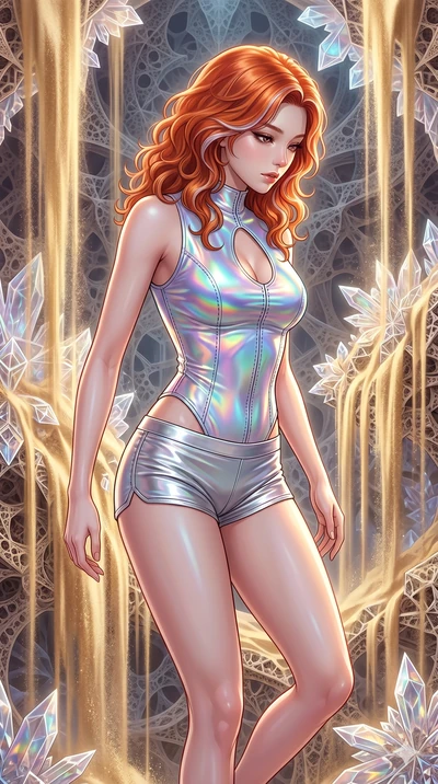score_9, masterpiece, best quality, ultra-detailed, high-budget anime keyframe, Korean woman. upper body close-up from the thighs up, character filling the screen for maximum presence. descending through a fractal quicksand temple where golden sand w
