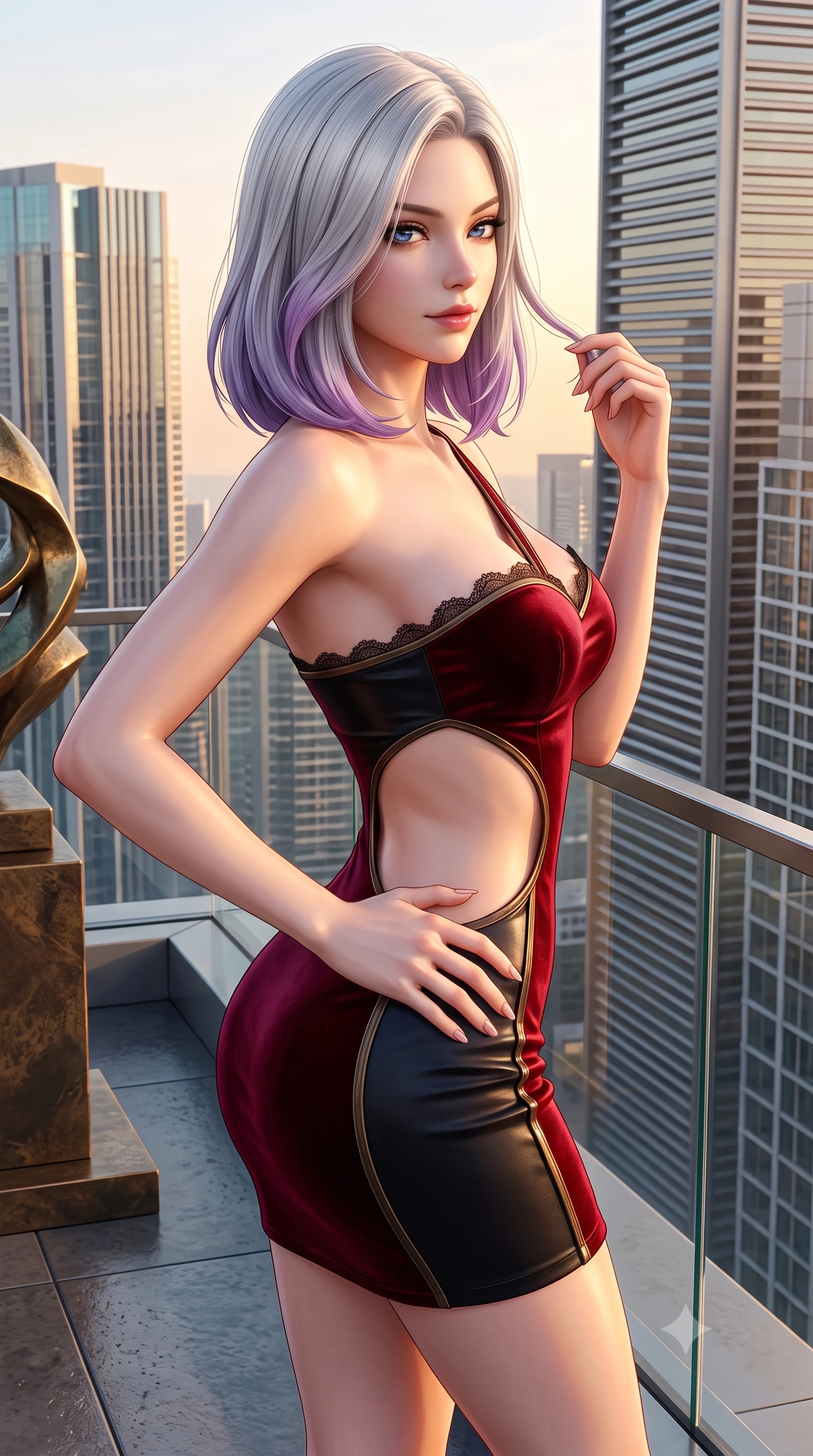 score_9, masterpiece, best quality, ultra-detailed, high-budget anime keyframe, semi-realistic 3D game render, editorial fashion photography, tasteful artistic composition, Caucasian woman. close-up cowboy shot from the waist and thighs up, the character dominates the composition, filling the frame with her large presence. twisting her slender torso in an alluring contrapposto stance, one hand resting on her sculpted hip while her fingers toy with her hair with effortless poise while leaning against the glass perimeter wall with hips cocked back, looking over a bare shoulder toward glittering modernist high-rises. The surrounding environment is rendered in vivid detail and crisp panoramic clarity: sharp bronze sculpture patina textures, glass guardrail edge bevels, and distant skyscraper architectural louvers in deep focus. She has an exceptionally elegant, slender, and willowy female figure with an ultra-slim waist, flat toned midriff, narrow ribcage, and sculpted feminine hips creating an alluring, slim hourglass silhouette without bulk. sharp v-shaped jawline, high-bridge nose, sparkling eyes with hypnotic seductive depth, thick curled eyelashes, glossy parted lips with a natural dewy peach sheen, alluring bedroom-eyes with an enchanting coquettish smile, exuding magnetic siren charisma and sophisticated glamour, flawlessly proportioned anatomical accuracy, strict slender model proportions, natural body alignment, perfectly sculpted long slender limbs, ultra-slim waistline, clean dynamic posture without body distortion. wearing an asymmetric one-shoulder metallic bordeaux mini dress with a dramatic side cutout hugging her waist and hips in deep blood-red velvet and midnight obsidian black with antique bronze trims, woven from buttery-soft stretch lambskin leather adhering to her body like a second skin, finished with scalloped eyelash lace trim framing her sweetheart neckline with intimate elegance, the liquid-tight tailored fabric clinging flawlessly to her narrow waist and rounded feminine hips, emphasizing every millimeter of her sculpted slim hourglass curves without any bulky heaviness. bathed in radiant golden hour sunset illumination washing horizontally across the rooftop terrace. highly saturated vibrant anime colors, detailed shading with soft gradients, rich glossy textures, high-contrast stereoscopic depth, volumetric dynamic lighting, master piece, 9:16 ratio