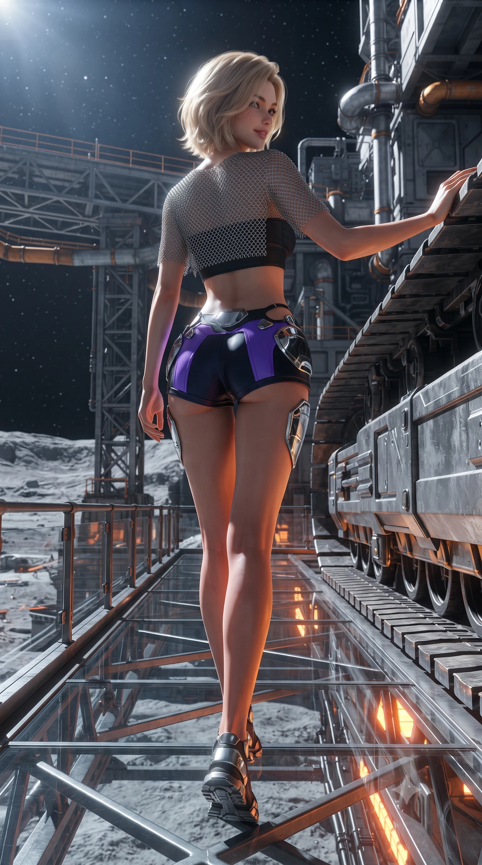 score_9, masterpiece, best quality, ultra-detailed, high-budget anime keyframe, editorial fashion photography, tasteful artistic composition, Caucasian woman. low angle full-body shot from head to toe showing her feet, filling the entire 9:16 vertical frame with her statuesque presence, stretching her vertical silhouette. walking slowly along the transparent glass skybridge, looking back over her shoulder with an air of effortless grace and an alluring, smoldering smile while leaning against the titanium crawler track with hips cocked back, looking over her shoulder with an enchanting, fearless smile. The surrounding environment is rendered in vivid detail and crisp panoramic clarity: detailed spacesuit fabric texture, cosmic highlights on helmet collar, and lunar mining rig architecture in razor-sharp clarity. She has an absolutely perfect, statuesque 8.5-heads proportion, an exceptionally tall and slender model-like female figure with impossibly long slender legs, an ultra-slim waist, a flat toned midriff, narrow delicate ribcage, and beautifully sculpted feminine hips creating a graceful, slim hourglass silhouette without any bulky heaviness. sharp v-shaped jawline, high-bridge nose, intricate jewel-like sparkling eyes with depth, thick eyelashes, glossy parted lips with a natural sheen, bright confident smile with an enchanting and coquettish sensual glint, exuding both youthful magnetic charm and sovereign high-tech allure, flawlessly proportioned anatomical accuracy, strict slender model proportions, natural body alignment, perfectly sculpted long slender limbs, ultra-slim waistline, clean dynamic posture without body distortion. wearing a delicate silver chainmail mesh crop top layered over a sculpted matte black bandeau with low-rise combat shorts in neon electric violet and deep space obsidian, tailored from brushed aeronautical titanium alloy with matte satin sheen, accented with strategically placed chrome armor plate guards covering key curves, the precision-cut side openings and low-back scoop framing her graceful spine and the sensual sweep of her slim, toned hips. bathed in brilliant cold silver starlight from above and warm industrial sodium work-lights from below. ultra-reflective glossy finish, specular highlights, rich textural contrasts, high-contrast stereoscopic depth, volumetric dynamic lighting, 2k, ultra detail, master piece, 9:16 ratio
