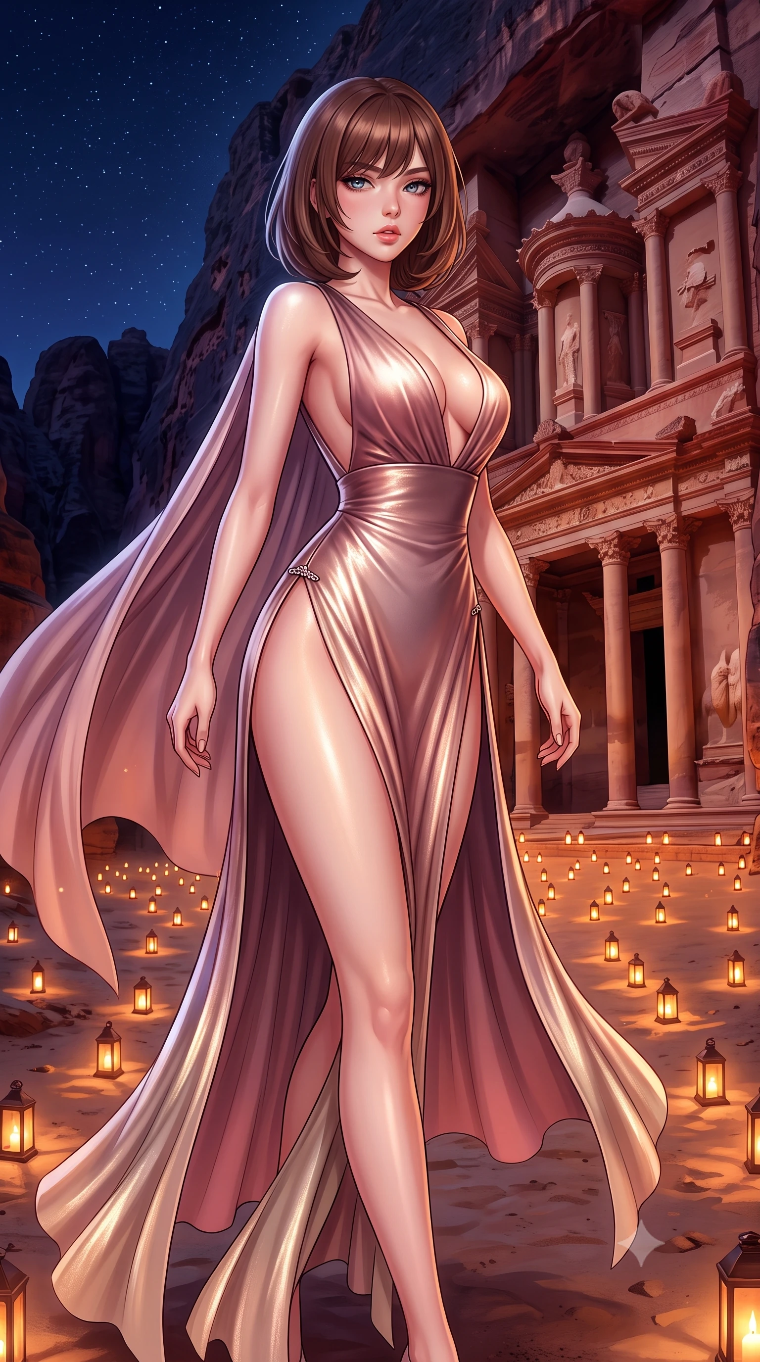 score_9, masterpiece, best quality, ultra-detailed, high-budget anime keyframe, semi-realistic 3D game render, editorial fashion photography, tasteful artistic composition, Caucasian woman. close-up cowboy shot from the waist and thighs up, the character dominates the composition, filling the frame with her large presence. twisting her slender torso in a deep contrapposto stance, hips dramatically shifted to accentuate her feminine curves while looking past her shoulder with smoldering bedroom-eyes while walking gracefully down the lantern-lit sand pathway, her sweeping desert gown fluttering around her long slender limbs under the starlit sky. The surrounding environment is rendered in vivid detail and crisp panoramic clarity. detailed silk chiffon cape drape, flickering candlelight sheen on skin, and Petra Treasury facade clarity in high resolution. She has an exceptionally elegant, slender, and willowy female figure with an ultra-slim waist, flat toned midriff, narrow ribcage, and sculpted feminine hips creating an alluring, slim hourglass silhouette without bulk. sharp v-shaped jawline, high-bridge nose, intricate jewel-like eyes with depth, thick eyelashes, glossy parted lips with a natural sheen, intensely captivating and seductive bedroom-eyes expression, flawlessly proportioned anatomical accuracy, strict slender model proportions, natural body alignment, perfectly sculpted long slender limbs, ultra-slim waistline, clean dynamic posture without body distortion. wearing a plunging-V neckline duchess satin gown with high side slits ascending to the high hip in dusky blush rose and champagne shimmer, crafted from luxurious metallic lamé that shifts radiance with every step, finished with an ultra-high side slit secured by miniature jeweled clasps, the second-skin form-contouring cut accentuating her sculpted flat midriff, narrow delicate ribcage, and gracefully curvy hips with supermodel precision. bathed in warm flickering glow of hundreds of candle lanterns contrasting with the deep indigo desert night sky. highly saturated vibrant anime colors, detailed shading with soft gradients, rich glossy textures, high-contrast stereoscopic depth, volumetric dynamic lighting, master piece, 9:16 ratio