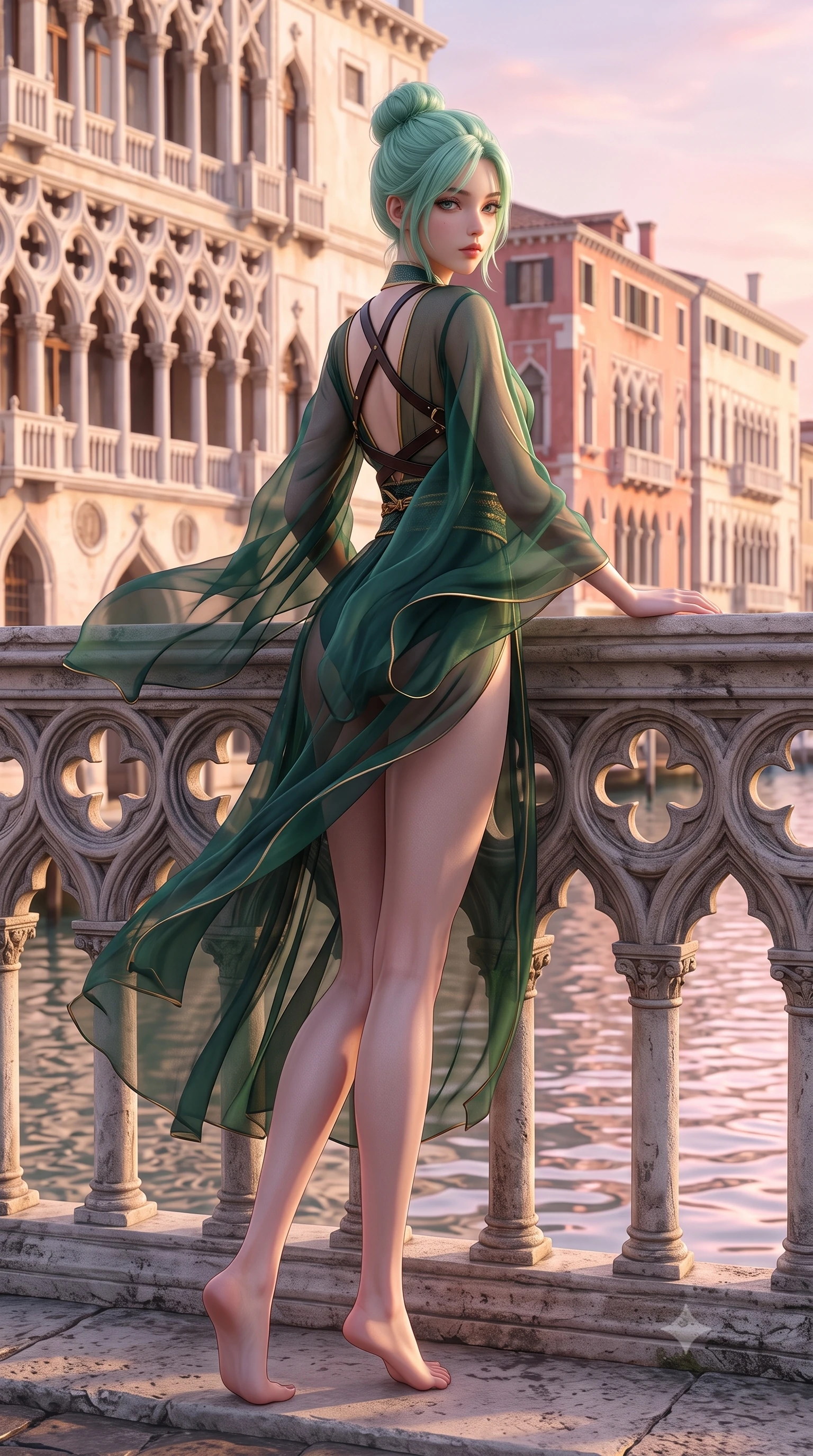 score_9, masterpiece, best quality, ultra-detailed, high-budget anime keyframe, semi-realistic 3D game render, editorial fashion photography, tasteful artistic composition, Japanese woman. low angle full-body shot from head to toe showing her feet, filling the entire 9:16 vertical frame with her statuesque presence, stretching her vertical silhouette. executing an elegant mid-motion pivot turn as garments swirl around her slender limbs, glancing over her shoulder with an intoxicating bedroom-gaze while leaning forward over the carved Istrian stone gothic balustrade, looking back with sleepy seductive morning eyes as sunrise tints the canal pastel pink. The surrounding environment is rendered in vivid detail and crisp panoramic clarity. sharp carved gothic cloverleaf stonework, canal water surface tension, and palazzo stucco texture in deep focus. She has an exceptionally tall and slender model-like 8.5-heads proportion, an ultra-slim waist, a flat toned midriff, narrow delicate ribcage, and beautifully sculpted feminine hips creating a graceful, slim hourglass silhouette without any bulky heaviness, with impossibly long slender legs. sharp v-shaped jawline, high-bridge nose, intricate jewel-like eyes with depth, thick eyelashes, glossy parted lips with a natural sheen, intensely captivating and seductive bedroom-eyes expression, flawlessly proportioned anatomical accuracy, strict slender model proportions, natural body alignment, perfectly sculpted long slender limbs, ultra-slim waistline, clean dynamic posture without body distortion. wearing a delicate semi-translucent silk yukata that clings to her wet skin and curvy hip contours in deep emerald green satin and gold hardware, woven from layered gossamer chiffon with a weightless sweeping drape, featuring an open-back criss-cross harness strap in dark leather, the glove-like aerodynamic silhouette tightly following the natural contour of her hips and long slender legs with statuesque 8.5-heads elegance. illuminated by soft specular water glints carving her razor-sharp jawline, narrow waist, and curvy hips. highly saturated vibrant anime colors, detailed shading with soft gradients, rich glossy textures, high-contrast stereoscopic depth, volumetric dynamic lighting, master piece, 9:16 ratio