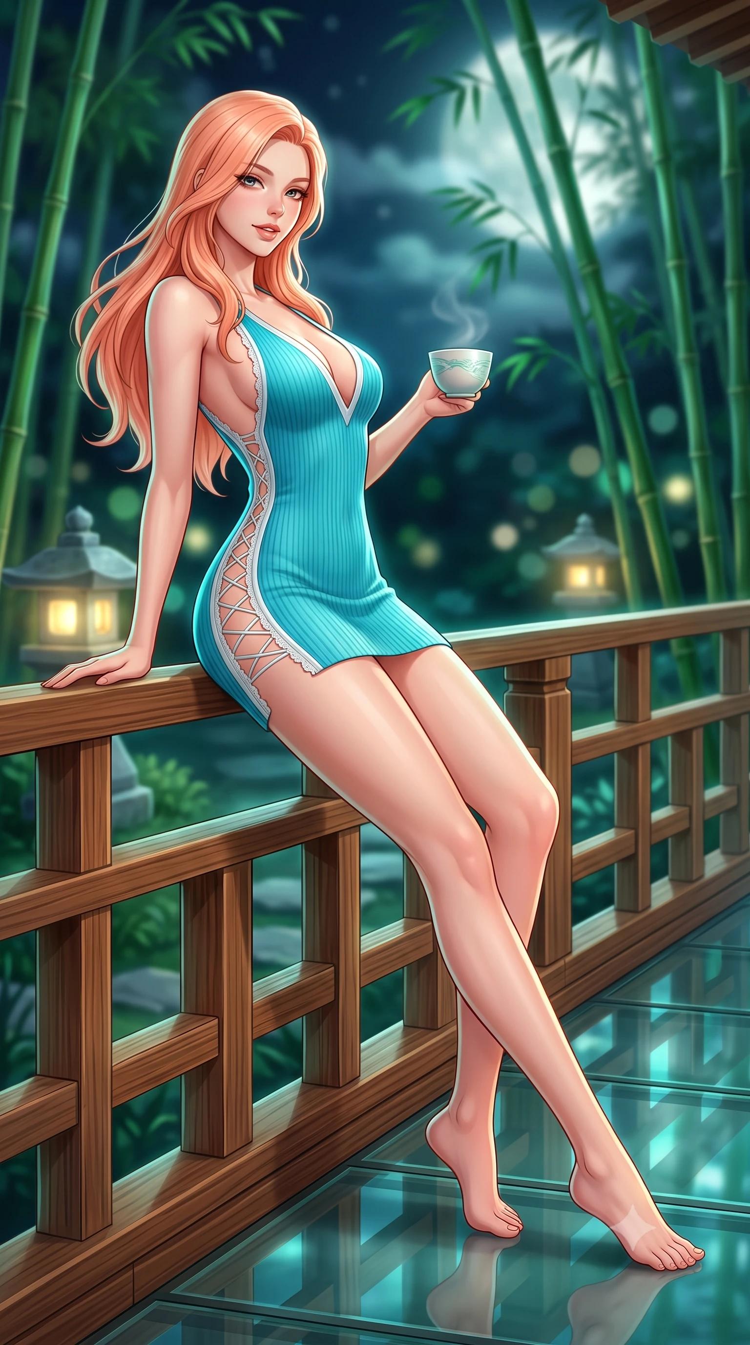 score_9, masterpiece, best quality, ultra-detailed, high-budget anime keyframe, semi-realistic 3D game render, editorial fashion photography, tasteful artistic composition, Japanese woman. low angle full-body shot from head to toe showing her feet, filling the entire 9:16 vertical frame with her statuesque presence, stretching her vertical silhouette. leaning deep against the balcony balustrade with hips cocked back in an unapologetically alluring high-fashion stance, casting an intoxicating glance while sitting gracefully on the cedar walkway threshold with legs extended, holding a modern ceramic tea cup with an alluring, parted-lip smile. The background shows a soft-focus towering green bamboo stalks swaying in night breeze, glowing granite toro stone lanterns, and silver moonbeams blurred into emerald, moss-green, and pale silver bokeh. She has an absolutely perfect, statuesque 8.5-heads proportion, an exceptionally tall and slender model-like female figure with impossibly long slender legs, an ultra-slim waist, a flat toned midriff, narrow delicate ribcage, and beautifully sculpted feminine hips creating a graceful, slim hourglass silhouette without any bulky heaviness. sharp v-shaped jawline, high-bridge nose, sparkling eyes with hypnotic seductive depth, thick curled eyelashes, glossy parted lips with a natural dewy peach sheen, alluring bedroom-eyes with an enchanting coquettish smile, exuding magnetic siren charisma and sophisticated glamour, flawlessly proportioned anatomical accuracy, strict slender model proportions, natural body alignment, perfectly sculpted long slender limbs, ultra-slim waistline, clean dynamic posture without body distortion. wearing a plunging V-neck fine rib-knit sweater dress with daring side-lace openings tracing her hip curve in Capri turquoise and pure pearl white, tailored from fine structural neoprene with crisp architectural edges and smooth contouring, finished with scalloped eyelash lace trim framing her sweetheart neckline with intimate elegance, the precision-cut side openings and low-back scoop framing her graceful spine and the sensual sweep of her slim, toned hips. illuminated by glass walkway reflection bounce and sharp jade-platinum rim lights defining her razor-sharp jawline, narrow waist, and curvy hips. highly saturated vibrant anime colors, detailed shading with soft gradients, rich glossy textures, high-contrast stereoscopic depth, volumetric dynamic lighting, master piece, 9:16 ratio