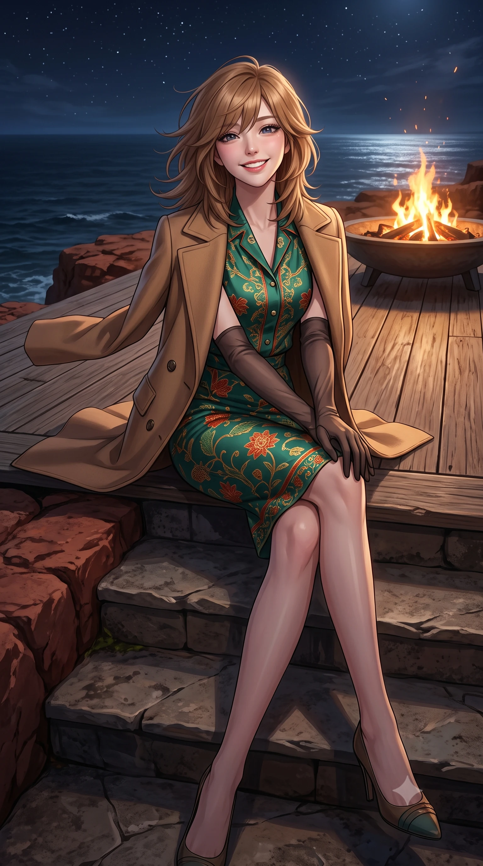 score_9, masterpiece, best quality, ultra-detailed, high-budget anime keyframe, semi-realistic 3D game render, editorial fashion photography, tasteful artistic composition, Korean woman. low angle full-body shot from head to toe showing her feet, filling the entire 9:16 vertical frame with her statuesque presence, stretching her vertical silhouette. sitting poised on the stone steps with one knee bent, arching her spine with supermodel elegance as she glances upward through thick eyelashes while standing poised on the weathered teak deck at the edge of the wild red sandstone cliff, arching her spine with high-fashion ease as nocturnal ocean winds whip her gown. The background shows a soft-focus dancing fire pit flames softened in dramatic coastal aerie shallow focus. She has an exceptionally tall and slender model-like 8.5-heads proportion, an ultra-slim waist, a flat toned midriff, narrow delicate ribcage, and beautifully sculpted feminine hips creating a graceful, slim hourglass silhouette without any bulky heaviness, with impossibly long slender legs. sharp v-shaped jawline, high-bridge nose, intricate jewel-like sparkling eyes with depth, thick eyelashes, glossy parted lips with a natural peach sheen, bright cheerful beaming smile with an enchanting and coquettish sensual glint, exuding both youthful cute charm and seductive allure, flawlessly proportioned anatomical accuracy, strict slender model proportions, natural body alignment, perfectly sculpted long slender limbs, ultra-slim waistline, clean dynamic posture without body distortion. wearing a structured double-faced camel hair wrap coat draped over a tailored silk blouse and pencil skirt in Tanjong Pagar Peranakan jade green and gilded vermilion, crafted from bespoke double-faced cashmere with an exceptionally soft tactile finish, complemented by sheer opera-length evening gloves tracing her slender arms, the bespoke structured tailoring following the natural line of her 8.5-heads silhouette with refined elegance. bathed in the warm radiant 2100K hearth glow of the outdoor fire bowl mixed with cool Atlantic starlight and moonlight. highly saturated vibrant anime colors, detailed shading with soft gradients, rich glossy textures, high-contrast stereoscopic depth, volumetric dynamic lighting, master piece, 9:16 ratio