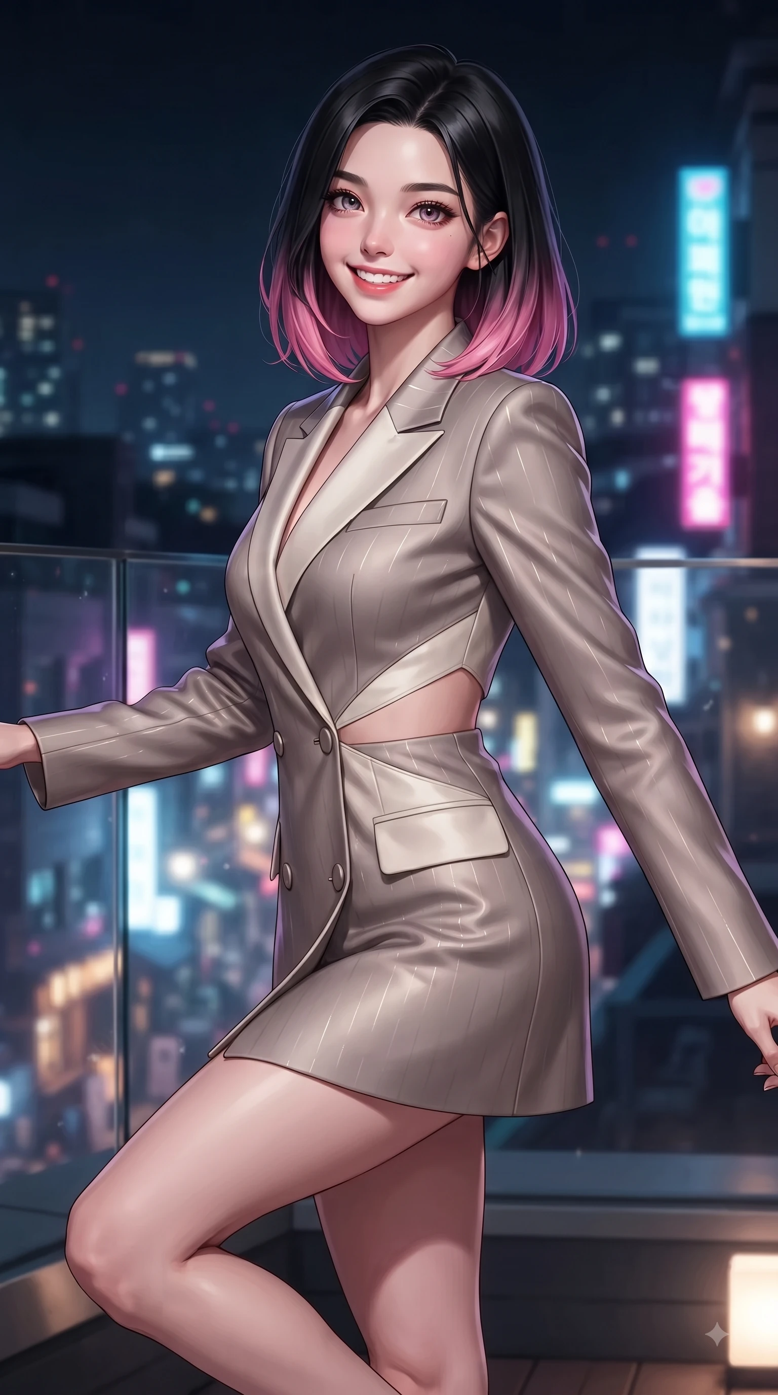 score_9, masterpiece, best quality, ultra-detailed, high-budget anime keyframe, editorial fashion photography, tasteful artistic composition, Korean woman. close-up cowboy shot from the waist and thighs up, the character dominates the composition, filling the frame with her large presence, background elements kept in soft focus. Youthful bright smile exuding pure cute charm and fresh energy, her torso turning dynamically into the lens while pivoting dynamically on a open-air Itaewon rooftop lounge as city night lights twinkle below, glistening city skyline lights and neon tower signs twinkling softly through glass railings. She has an exceptionally elegant, slender, and willowy female figure with an ultra-slim waist, a gracefully sculpted slender torso, and a refined silhouette. sharp v-shaped jawline, high-bridge nose, intricate jewel-like eyes with depth, thick eyelashes, glossy lips with a natural sheen, flawlessly proportioned anatomical accuracy, natural body alignment, perfectly sculpted elegant limbs, clean dynamic posture without body distortion. wearing a double-breasted blazer dress with subtle metallic pin-stripes in muted taupe and soft ivory, crafted from smooth liquid silk, featuring subtle geometric cutouts that highlight her ultra-slim midriff, the form-contouring material highlighting her ultra-slim waist and long lines. illuminated by vibrant neon skyline glow and clear specular rim highlights. ultra-reflective glossy finish, specular highlights, metallic sheen, high-contrast stereoscopic depth, volumetric dynamic lighting, 2k, ultra detail, master piece, 9:16 ratio