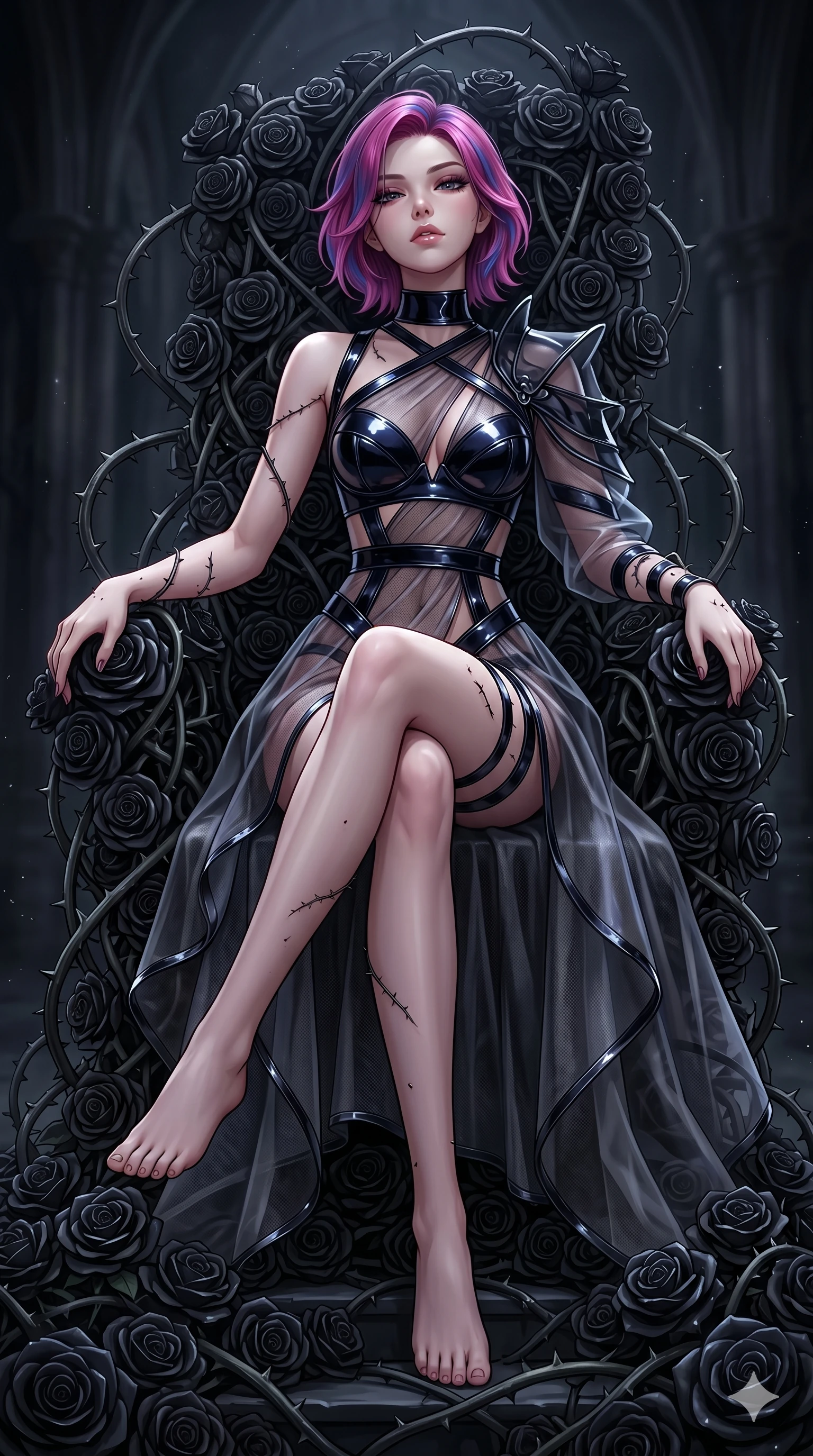 score_9, masterpiece, best quality, ultra-detailed, High-budget Anime Keyframe, East Asian woman. Dynamic full-body shot stretching the vertical silhouette to the limit. Scenario 110: Resting on a throne of black roses, thorns grazing her skin. Her presence is magnetic and overpowering in this high-budget anime scene. Outfit 110: A patent leather decorative accessory bands with a partially fastened couture element and translucent layers. The clothing is designed to emphasize her exceptionally tall and slender 8-heads proportion. 8-heads proportion, towering silhouette, ultra-slim waist. sharp v-shaped jawline, intricate jewel-like eyes with depth, thick eyelashes, glossy lips. 2k, ultra detail, master piece, 9:16 ratio