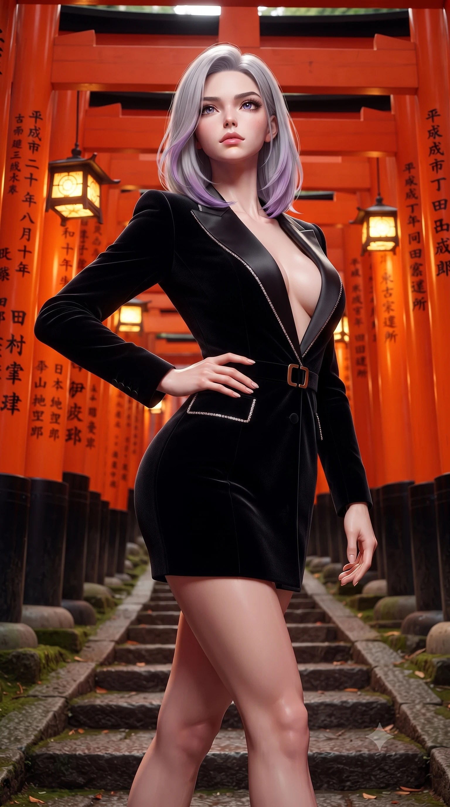 score_9, masterpiece, best quality, ultra-detailed, high-budget anime keyframe, semi-realistic 3D game render, editorial fashion photography, tasteful artistic composition, Caucasian woman. close-up cowboy shot from the waist and thighs up, the character dominates the composition, filling the frame with her large presence. tilting her chin up with proud, sovereign allure while gazing through thick eyelashes, one hand resting on her waist in pure supermodel charisma while striding gracefully down the winding mountain path through thousands of vibrant vermilion torii gates, arching her back as warm lantern light traces her curves. The surrounding environment is rendered in vivid detail and crisp panoramic clarity. sharp vermilion pillar lacquer texture, carved black kanji donor inscriptions, and stone step moss in deep focus. She has an exceptionally elegant, slender, and willowy female figure with an ultra-slim waist, flat toned midriff, narrow ribcage, and sculpted feminine hips creating an alluring, slim hourglass silhouette without bulk. sharp v-shaped jawline, high-bridge nose, intricate jewel-like eyes with depth, thick eyelashes, glossy parted lips with a natural sheen, intensely captivating and seductive bedroom-eyes expression, flawlessly proportioned anatomical accuracy, strict slender model proportions, natural body alignment, perfectly sculpted long slender limbs, ultra-slim waistline, clean dynamic posture without body distortion. wearing a tailored velvet tuxedo jacket dress with satin lapels, worn with a deep plunge neckline and gold hip buckle in pitch-black velvet with diamond crystal trim, formed from supple second-skin lambskin leather with specular sheen, finished with criss-cross back satin straps highlighting her graceful shoulder blades, the glove-like aerodynamic silhouette tightly following the natural contour of her hips and long slender legs with statuesque 8.5-heads elegance. illuminated by delicate directional lantern light sharply defining her sculpted collarbones, narrow waist, and curvy hips. highly saturated vibrant anime colors, detailed shading with soft gradients, rich glossy textures, high-contrast stereoscopic depth, volumetric dynamic lighting, master piece, 9:16 ratio