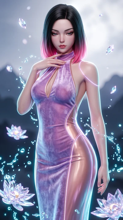 score_9, masterpiece, best quality, ultra-detailed, high-budget anime keyframe, semi-realistic 3D game render, editorial fashion photography, tasteful artistic composition, Korean woman. close-up cowboy shot from the waist and thighs up, the characte