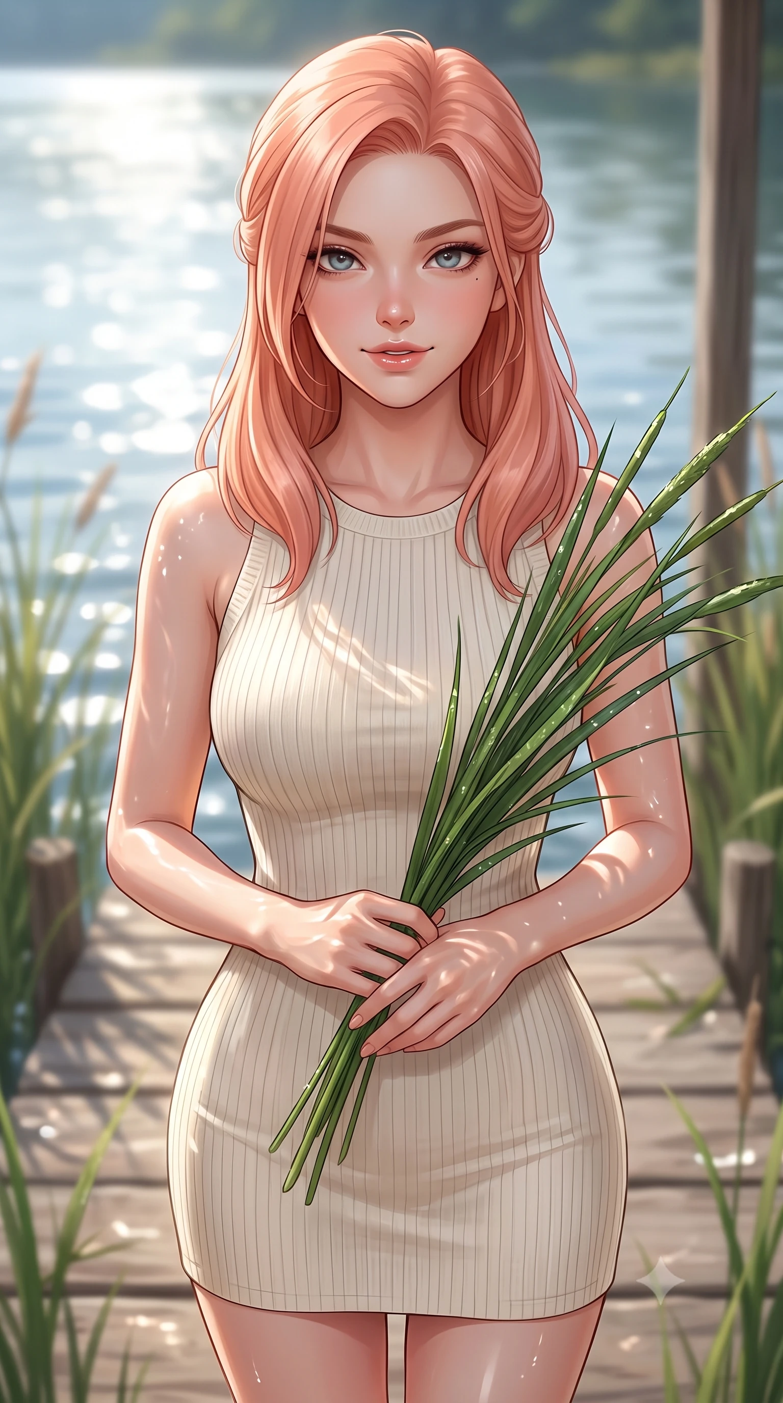 score_9, masterpiece, best quality, ultra-detailed, high-budget anime keyframe, editorial fashion photography, tasteful artistic composition, Japanese woman. close-up cowboy shot from the waist and thighs up, the character dominates the composition, filling the frame with her large presence, background elements kept in soft focus. gazing at the camera with a smoldering, magnetic half-smile, softly parting her glossy lips set against a soft-focus background of on a wooden deck of a lakeside cottage surrounded by beachgrass holding a bunch of fresh river reeds with a happy, cute expression. She has an exceptionally elegant, slender, and willowy female figure with an ultra-slim waist, a gracefully sculpted slender torso, and a refined silhouette. sharp v-shaped jawline, high-bridge nose, intricate jewel-like eyes with depth, thick eyelashes, glossy lips with a natural sheen. wearing tailored form-fitting ribbed knit dress in cream, contouring her slender silhouette. bright daylight reflecting off the water, casting shifting ripples on her skin. ultra-reflective glossy finish, specular highlights, metallic sheen, high-contrast stereoscopic depth, volumetric dynamic lighting, 2k, ultra detail, master piece, 9:16 ratio