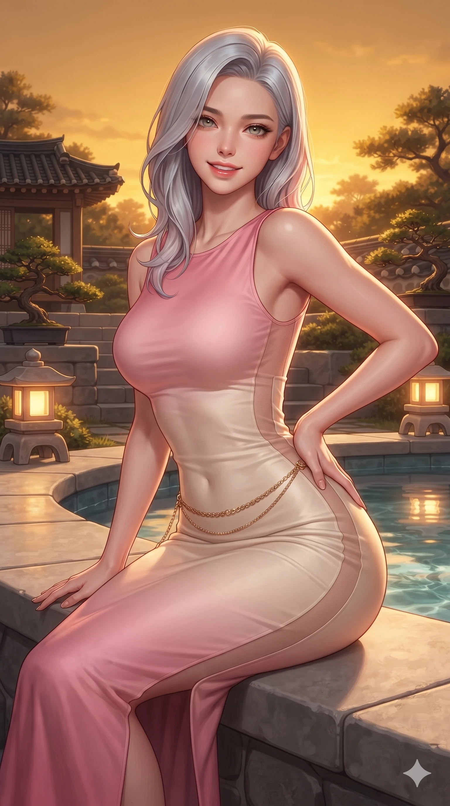 score_9, masterpiece, best quality, ultra-detailed, high-budget anime keyframe, editorial fashion photography, tasteful artistic composition, Korean woman. close-up cowboy shot from the waist and thighs up, the character dominates the composition, filling the frame with her large presence. arching her spine backward with effortless dancer poise, one hand sliding along her hip line as directional light carves specular highlights along her silhouette while sitting poised on the smooth stone coping with one knee bent, flashing an enchanting smile with parted glossy lips. The surrounding environment is rendered in vivid detail and crisp panoramic clarity: detailed second-skin maxi dress tailoring, sheer power-mesh side panels, and luxury garden architecture in razor-sharp precision. She has an exceptionally elegant, slender, and willowy female figure with an ultra-slim waist, flat toned midriff, narrow ribcage, and sculpted feminine hips creating an alluring, slim hourglass silhouette without bulk. sharp v-shaped jawline, high-bridge nose, intricate jewel-like sparkling eyes with depth, thick eyelashes, glossy parted lips with a natural sheen, intensely captivating and seductive bedroom-eyes expression, exuding both youthful cute charm and sovereign luxury allure, flawlessly proportioned anatomical accuracy, strict slender model proportions, natural body alignment, perfectly sculpted long slender limbs, ultra-slim waistline, clean dynamic posture without body distortion. wearing a form-fitting liquid mercury jersey evening dress clinging smoothly to her narrow waist and rounded hips in sakura blossom pink and warm ivory, made of fluid liquid jersey with seamless sculpting hold and smooth contours, accented with a delicate gold chain belt resting loosely on her curvy hips, the bespoke structured tailoring following the natural line of her 8.5-heads silhouette with refined elegance. bathed in the rich, intimate 2400K golden radiance of stone lanterns and underwater spring channels. ultra-reflective glossy finish, specular highlights, rich textural contrasts, high-contrast stereoscopic depth, volumetric dynamic lighting, 2k, ultra detail, master piece, 9:16 ratio
