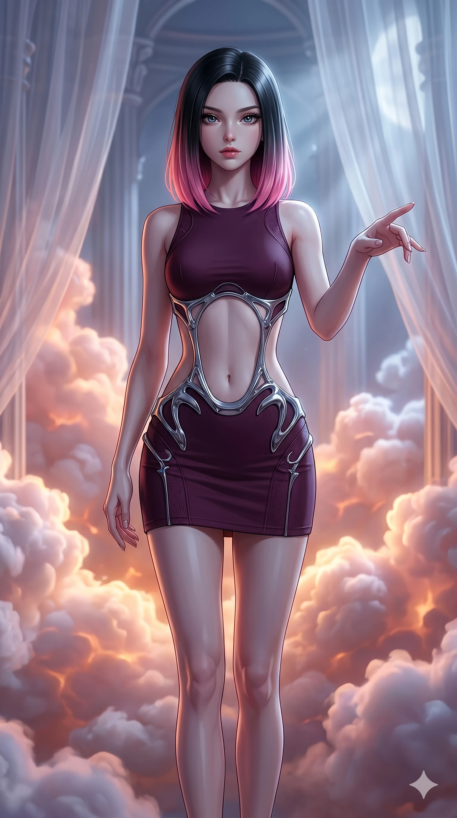 score_9, masterpiece, best quality, ultra-detailed, high-budget anime keyframe, editorial fashion photography, tasteful artistic composition, Korean woman. cowboy shot from the thighs up, character and outfit filling the frame for maximum editorial presence. Reaching one hand toward the viewer with relaxed elegance inside a luminous cloud palace where cumulus formations glow with amber and rose from within. She has an absolutely perfect 8-heads proportion, an exceptionally tall and slender female figure with impossibly long slender legs and an ultra-slim waist. V-shaped jawline, high-bridge nose, intricate jewel-like eyes with depth, thick eyelashes, glossy lips with a natural sheen. wearing a deep plum precision bodycon mini dress with a dramatic architectural open-waist cutout framed by sculptural chrome hardware, the fitted fabric emphasizing her ultra-slim waist above and below. bathed in cold silver moonlight filtered through translucent gossamer curtains casting soft shadows on her elegant contours. 2k, ultra detail, master piece, 9:16 ratio