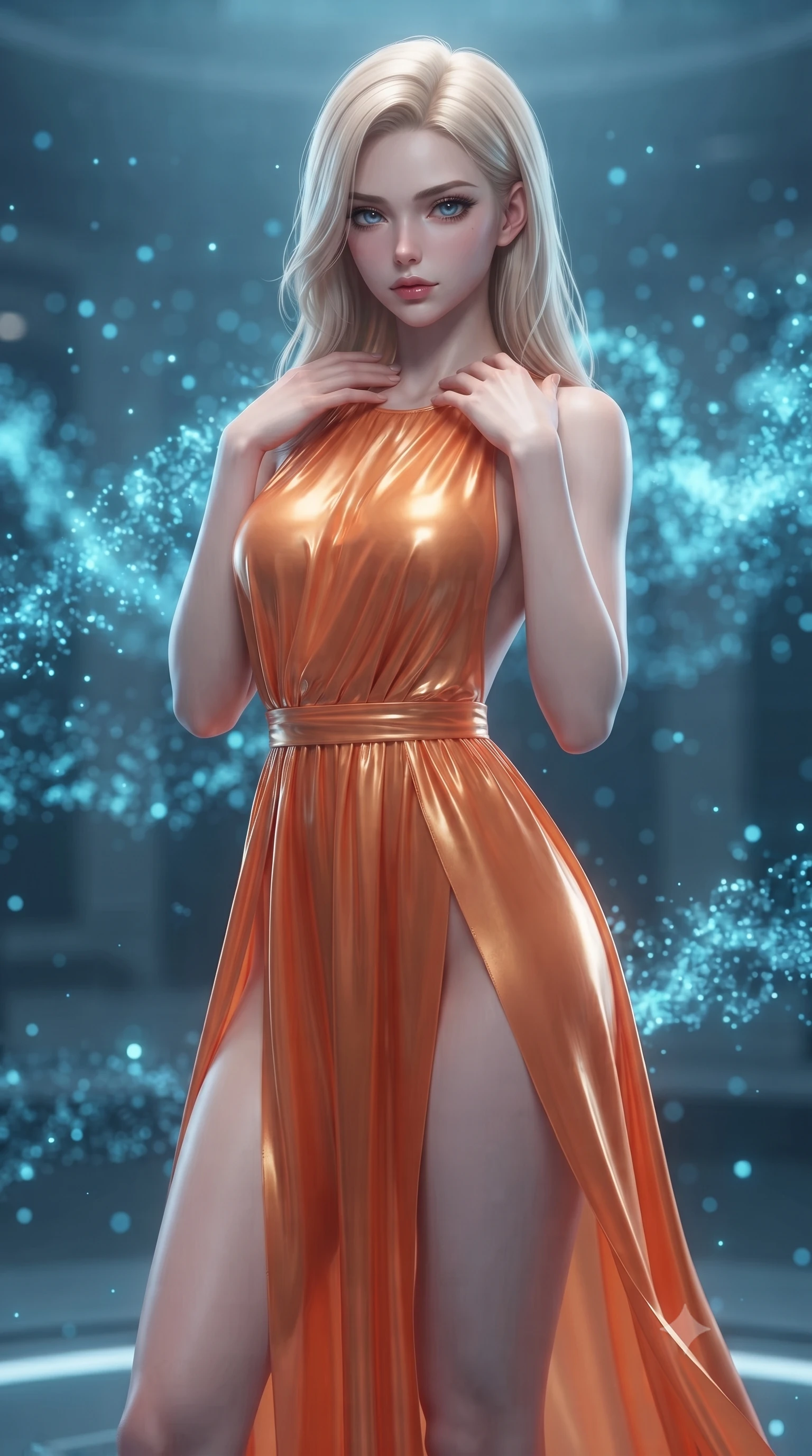 score_9, masterpiece, best quality, ultra-detailed, high-budget anime keyframe, editorial fashion photography, tasteful artistic composition, Caucasian woman. close-up cowboy shot from the waist and thighs up, the character dominates the composition, filling the frame with her large presence, background elements kept in soft focus. standing in a relaxed, elegant posture with both hands resting lightly on her collarbone, looking at the viewer with bedroom-eyes, the background shows a soft-focus a nanite assembly chamber filled with floating, shimmering blue particle clouds. She has an exceptionally elegant, slender, and willowy female figure with an ultra-slim waist, a gracefully sculpted slender torso, and a refined silhouette. sharp v-shaped jawline, high-bridge nose, intricate jewel-like eyes with depth, thick eyelashes, glossy lips with a natural sheen. wearing a tailored high-slit space combat gown in sunset orange chiffon, featuring a daring thigh-slit and an open-back design. shimmering nanite clouds casting a soft cyan glow on her refined features. ultra-reflective glossy finish, specular highlights, metallic sheen, high-contrast stereoscopic depth, volumetric dynamic lighting, 2k, ultra detail, master piece, 9:16 ratio