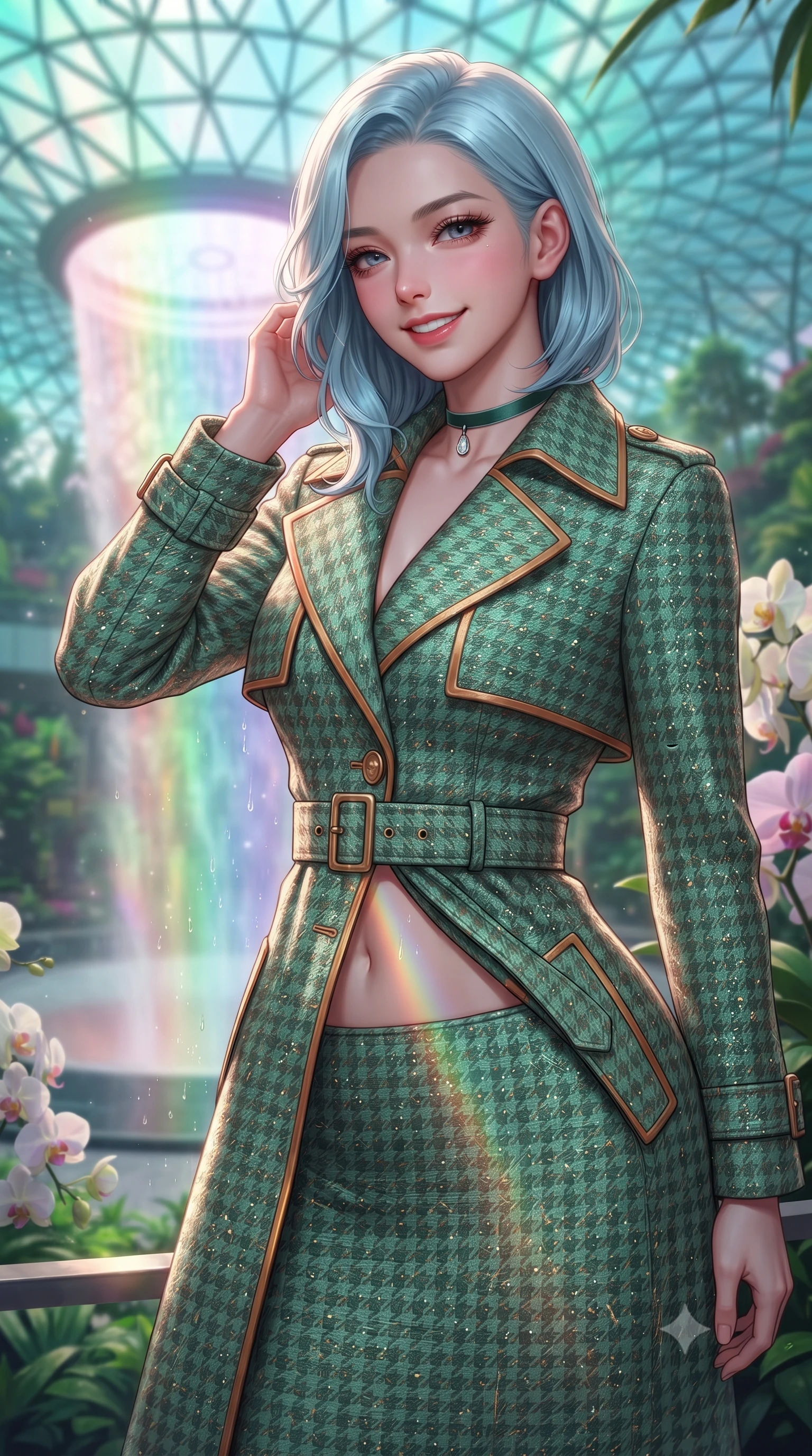 score_9, masterpiece, best quality, ultra-detailed, high-budget anime keyframe, editorial fashion photography, tasteful artistic composition, Korean woman. close-up cowboy shot from the waist and thighs up, the character dominates the composition, filling the frame with her large presence. gently brushing a lock of hair behind her ear while casting a playful, flirtatious side-gaze with long eyelashes while twisting her slender torso in an alluring S-curve beside lush tropical orchid trees, rainbow light beams and waterfall droplets caressing her flat midriff. The background shows a soft-focus colossal indoor circular waterfall illuminated in prismatic rainbow light, multi-tiered indoor rainforest terraces, and glass toroidal roof blurred into emerald, cyan, and rose bokeh. She has an exceptionally elegant, slender, and willowy female figure with an ultra-slim waist, flat toned midriff, narrow ribcage, and sculpted feminine hips creating an alluring, slim hourglass silhouette without bulk. sharp v-shaped jawline, high-bridge nose, intricate jewel-like sparkling eyes with depth, thick eyelashes, glossy parted lips with a natural peach sheen, bright cheerful beaming smile with an enchanting and coquettish sensual glint, exuding both youthful cute charm and seductive allure, flawlessly proportioned anatomical accuracy, strict slender model proportions, natural body alignment, perfectly sculpted long slender limbs, ultra-slim waistline, clean dynamic posture without body distortion. wearing a structured Viennese secessionist houndstooth trench coat with belted waist and storm flaps in Tanjong Pagar Peranakan jade green and gilded vermilion, woven from structured British tweed with subtle metallic flecks, finished with a thin velvet ribbon choker and a single teardrop diamond pendant, the impeccably tailored cut draping gracefully along her slender figure with aristocratic poise. illuminated by waterfall spray specular bounce and sharp rainbow-platinum rim lights defining her dewy collarbones, ultra-slim waist, and curvy hips. ultra-reflective glossy finish, specular highlights, rich textural contrasts, high-contrast stereoscopic depth, volumetric dynamic lighting, 2k, ultra detail, master piece, 9:16 ratio