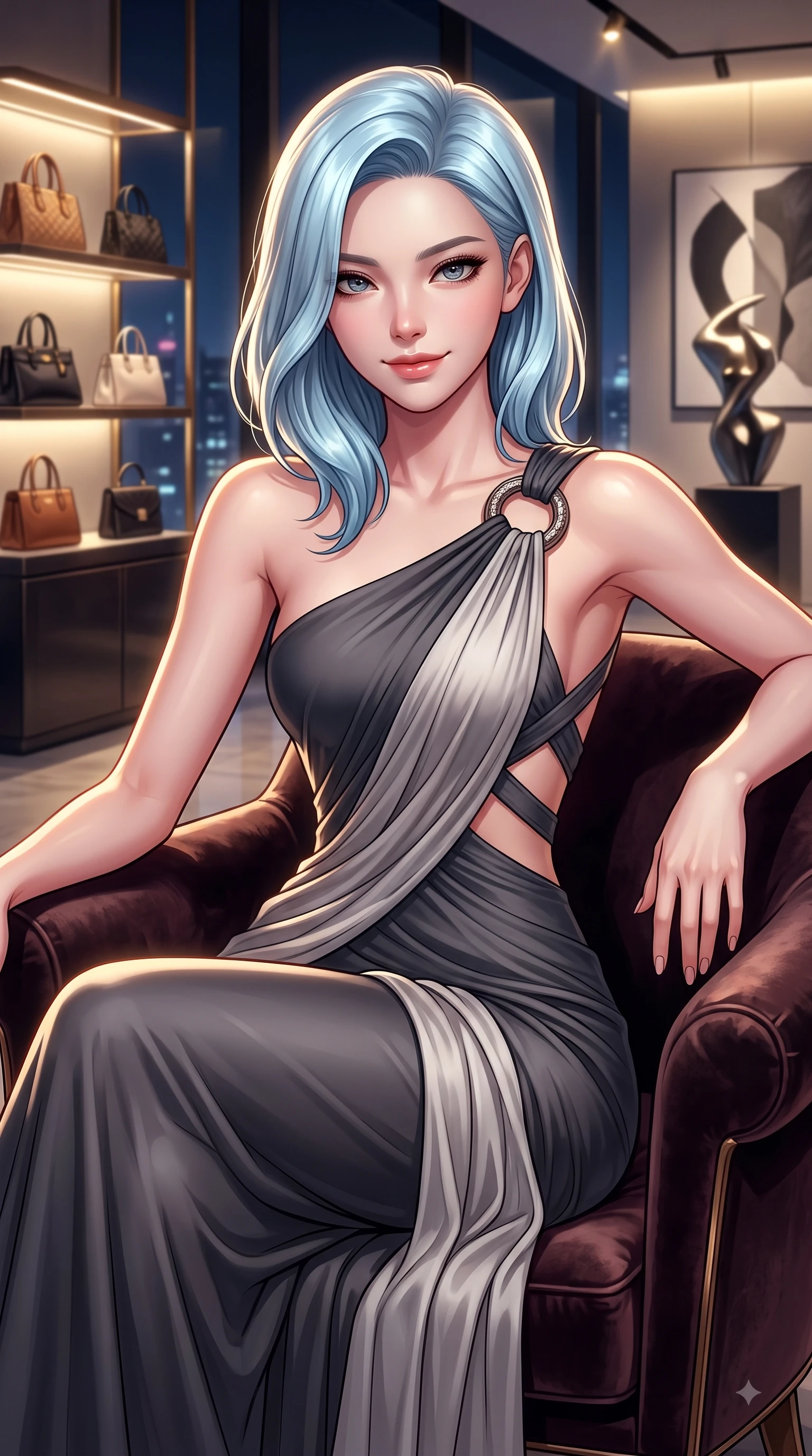 score_9, masterpiece, best quality, ultra-detailed, high-budget anime keyframe, editorial fashion photography, tasteful artistic composition, Korean woman. close-up cowboy shot from the waist and thighs up, the character dominates the composition, filling the frame with her large presence, background elements kept in soft focus. Gazing directly into the camera with a fresh, infectious smile as her torso curves dynamically in mid-stride while lounging in a velvet armchair inside a high-end designer showroom with a smoldering smile, designer handbag displays and modern art sculptures framing the opulent interior. She has an exceptionally elegant, slender, and willowy female figure with an ultra-slim waist, a gracefully sculpted slender torso, and a refined silhouette. sharp v-shaped jawline, high-bridge nose, intricate jewel-like eyes with depth, thick eyelashes, glossy lips with a natural sheen, flawlessly proportioned anatomical accuracy, natural body alignment, perfectly sculpted elegant limbs, clean dynamic posture without body distortion. wearing an asymmetrical Grecian draped chiffon gown with a metallic shoulder ring in charcoal grey and platinum, formed from sleek second-skin neoprene, complemented by criss-cross back straps highlighting her bare shoulders, the sleek second-skin texture accentuating her magnetic presence. bathed in dramatic high-contrast urban night lights and sleek golden spotlights. highly saturated vibrant anime colors, detailed shading with soft gradients, rich glossy textures, high-contrast stereoscopic depth, volumetric dynamic lighting, master piece, 9:16 ratio