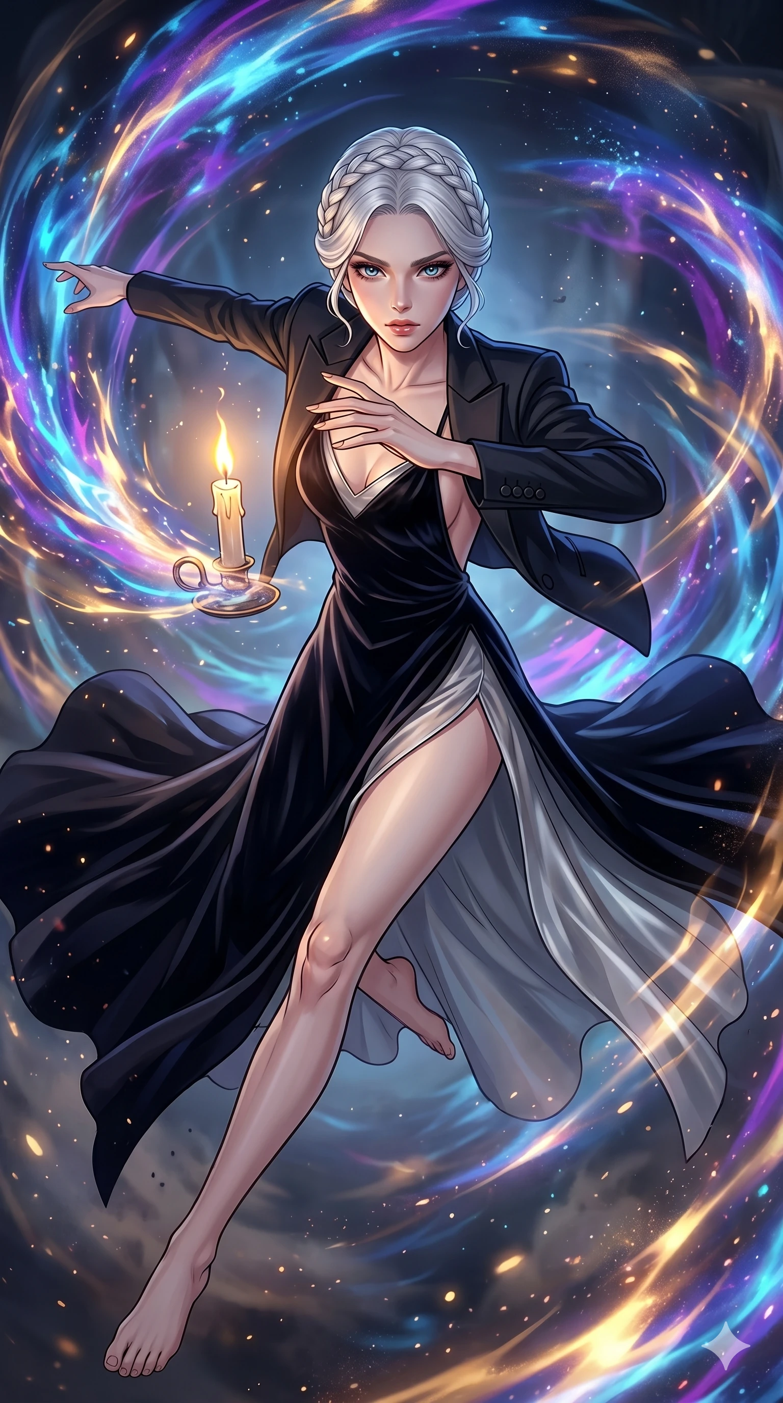score_9, masterpiece, best quality, ultra-detailed, high-budget anime movie keyframe, cinematic anime lighting, intricate line art, Caucasian (strictly human ears) woman. Extreme high angle shot as she leaps towards the camera, filling the frame. shielding a flickering candle from a hurricane of magical energy. She has an absolutely perfect 8-heads proportion, an exceptionally tall and slender female figure with an ultra-slim waist and impossibly long slender legs. strictly human anatomy, two legs only, no extra limbs, clearly defined legs and arms, perfect anatomy, perfect hands and fingers. sharp v-shaped jawline, high-bridge nose, intricate jewel-like eyes, thick eyelashes, glossy lips. Wearing High-Fashion Editorial: Silk slip dress with high side slit, backless velvet gown, and structured blazer with nothing underneath. The scene is illuminated by dramatic atmospheric lighting and vibrant color palettes. , 2k, ultra detail, master piece, 9:16 ratio