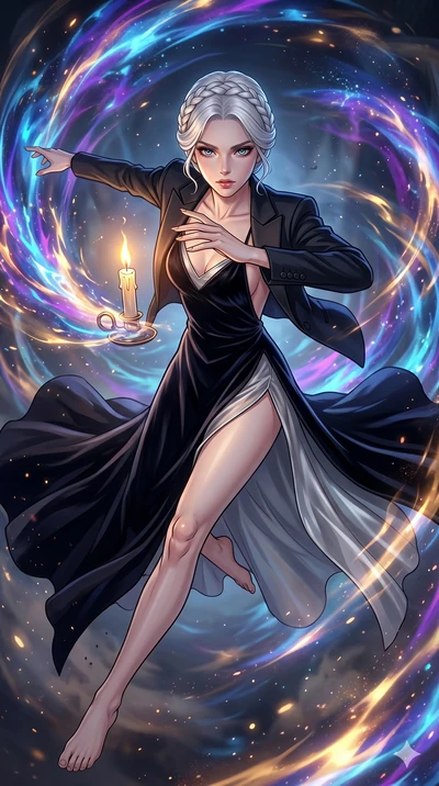 score_9, masterpiece, best quality, ultra-detailed, high-budget anime movie keyframe, cinematic anime lighting, intricate line art, Caucasian (strictly human ears) woman. Extreme high angle shot as she leaps towards the camera, filling the frame. shi