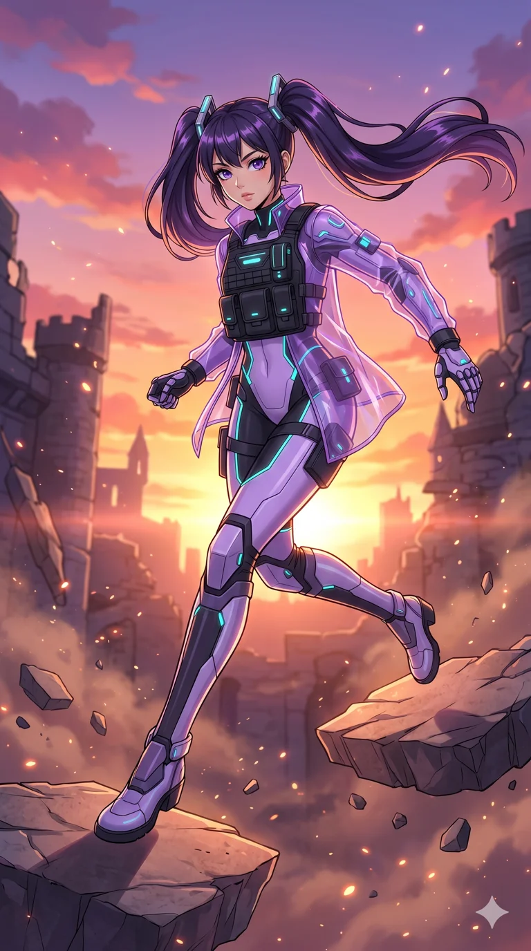 score_9, masterpiece, best quality, ultra-detailed, High-budget Anime Keyframe, beautiful Korean anime girl. Low angle cowboy shot filling the entire 9:16 frame with her overwhelming presence. Leaping across floating debris in a crumbling castle under a vibrant sunset sky. She has an absolutely perfect 8-heads proportion, an exceptionally tall and slender female figure with impossibly long slender legs and an ultra-slim waist. Sharp v-shaped jawline, high-bridge nose, intricate jewel-like eyes with depth, thick eyelashes, glossy lips with a natural sheen. Wearing a Tech-Fantasy outfit: lavender cybernetic tech-suit with glowing seams, translucent PVC over leotard, modular tactical gear. Background is a bright and colorful environment with cinematic lighting, dynamic particle effects, and high-contrast shadows. 2k, ultra detail, master piece, 9:16 ratio