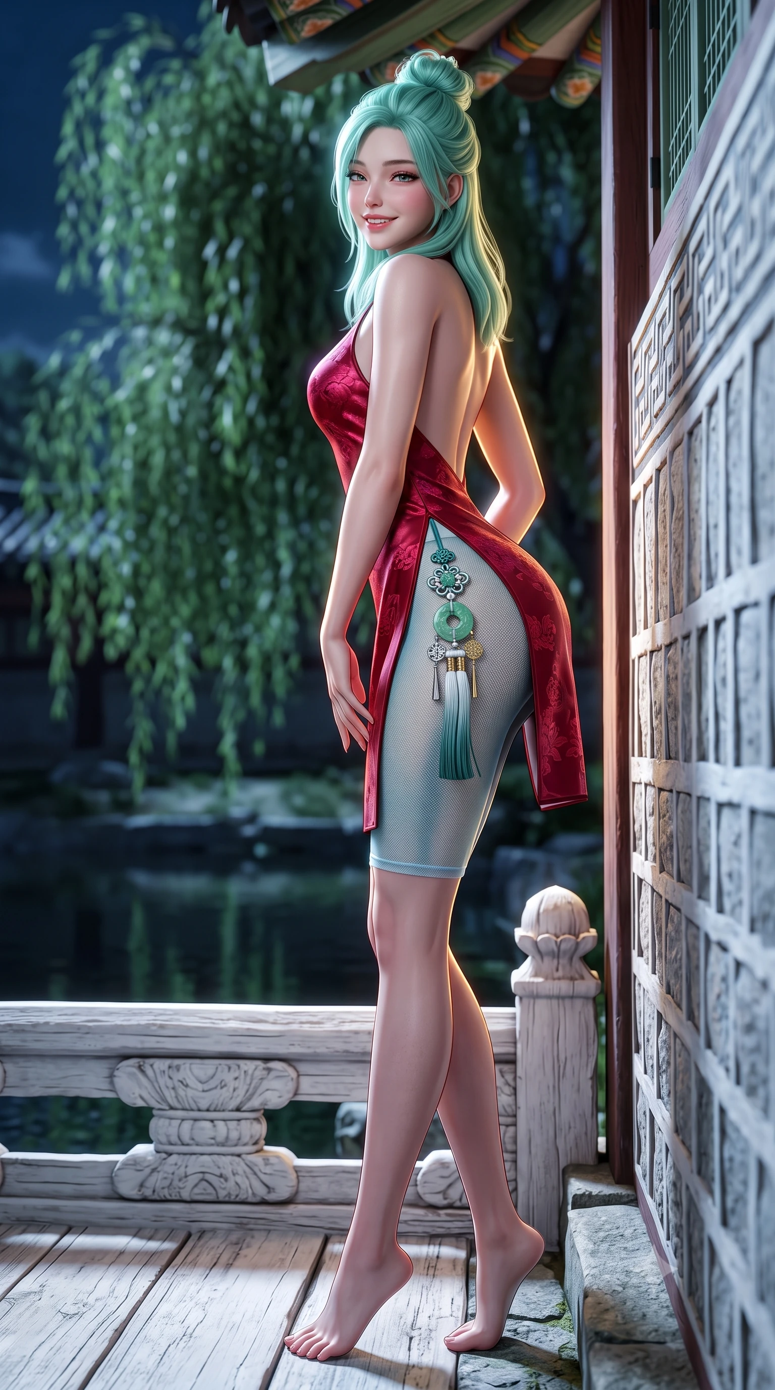 score_9, masterpiece, best quality, ultra-detailed, high-budget anime keyframe, semi-realistic 3D game render, editorial fashion photography, tasteful artistic composition, Japanese woman. low angle full-body shot from head to toe showing her feet, filling the entire 9:16 vertical frame with her statuesque presence, stretching her vertical silhouette. leaning deep against the ancient temple wall with hips cocked back in an unapologetically alluring high-fashion stance, flashing a warm beaming smile while leaning against the carved white wooden bridge railing with hips cocked back, looking over her shoulder with an alluring, moonlit smile. The background shows a soft-focus weeping willow branches trailing into the mirror-like water softened in royal Korean nocturnal shallow focus. She has an absolutely perfect, statuesque 8.5-heads proportion, an exceptionally tall and slender model-like female figure with impossibly long slender legs, an ultra-slim waist, a flat toned midriff, narrow delicate ribcage, and beautifully sculpted feminine hips creating a graceful, slim hourglass silhouette without any bulky heaviness. sharp v-shaped jawline, high-bridge nose, intricate jewel-like dark sparkling almond eyes with depth, thick lashes, glossy parted lips with a natural rose-plum sheen, bright alluring and coquettish smile with bedroom-eyes, exuding both timeless oriental elegance and sovereign high-fashion allure, flawlessly proportioned anatomical accuracy, strict slender model proportions, natural body alignment, perfectly sculpted long slender limbs, ultra-slim waistline, clean dynamic posture without body distortion. wearing a backless crimson silk slip dress with oriental peony jacquard and a side hip slit ascending to the high waist in pure celadon porcelain blue and cloud white, made of sheer technical micro-mesh with contouring shadow effects, finished with an ornate modern norigae tassel with polished jade and chrome charms resting on her curvy hips, the form-fitting tailored bodice adhering flawlessly to her sculpted flat midriff and slender torso, emphasizing her long leg lines and perfectly proportioned willowy build. illuminated by full moon celestial rays and sharp warm-gold rim lights defining her sculpted collarbones, ultra-slim waist, and curvy hips. highly saturated vibrant anime colors, detailed shading with soft gradients, rich glossy textures, high-contrast stereoscopic depth, volumetric dynamic lighting, master piece, 9:16 ratio